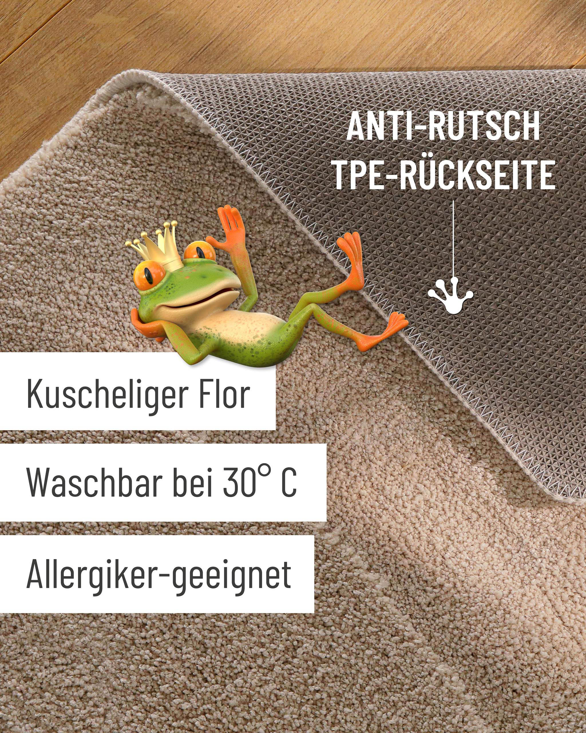 Badteppich von BathKing by WECONhome Marc Sand Beige Detailaufnahme Flor auf Holzfußboden, eingeblendete Hinweise zu rutschhemmender Rückseite und Waschbarkeit