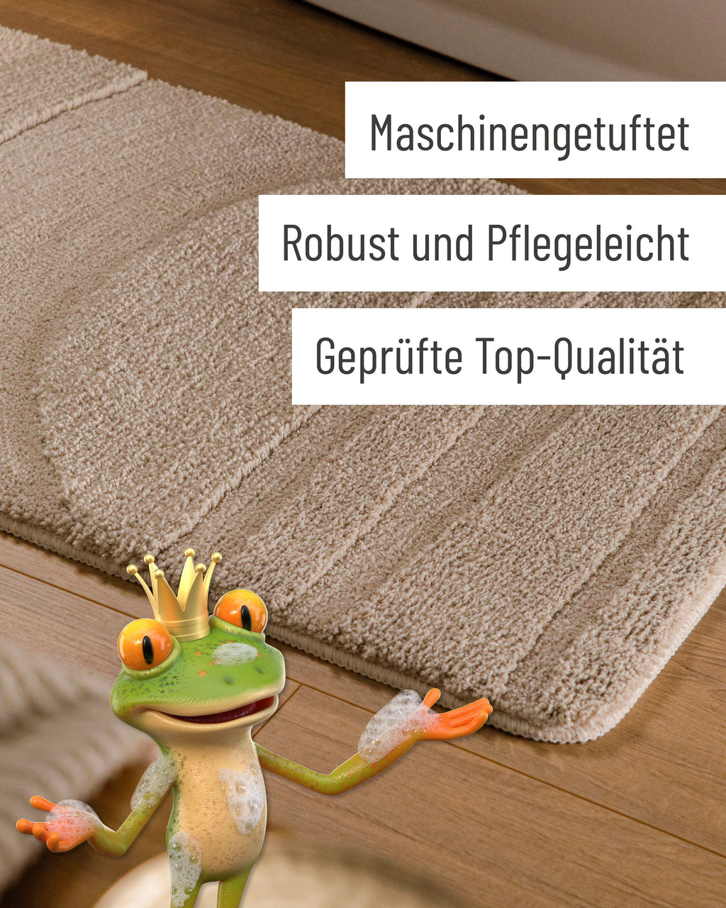 Badteppich von BathKing by WECONhome Marc Sand Beige Detail der Teppichkante auf Holzfußboden, eingeblendete Hinweise zu Verarbeitung und Pflege