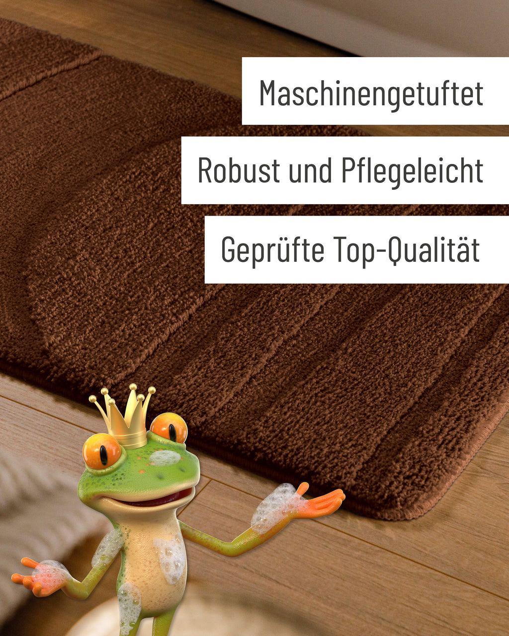 Badteppich von BathKing by WECONhome Marc Braun Detail der Teppichkante auf Holzfußboden, eingeblendete Hinweise zu Verarbeitung und Pflege