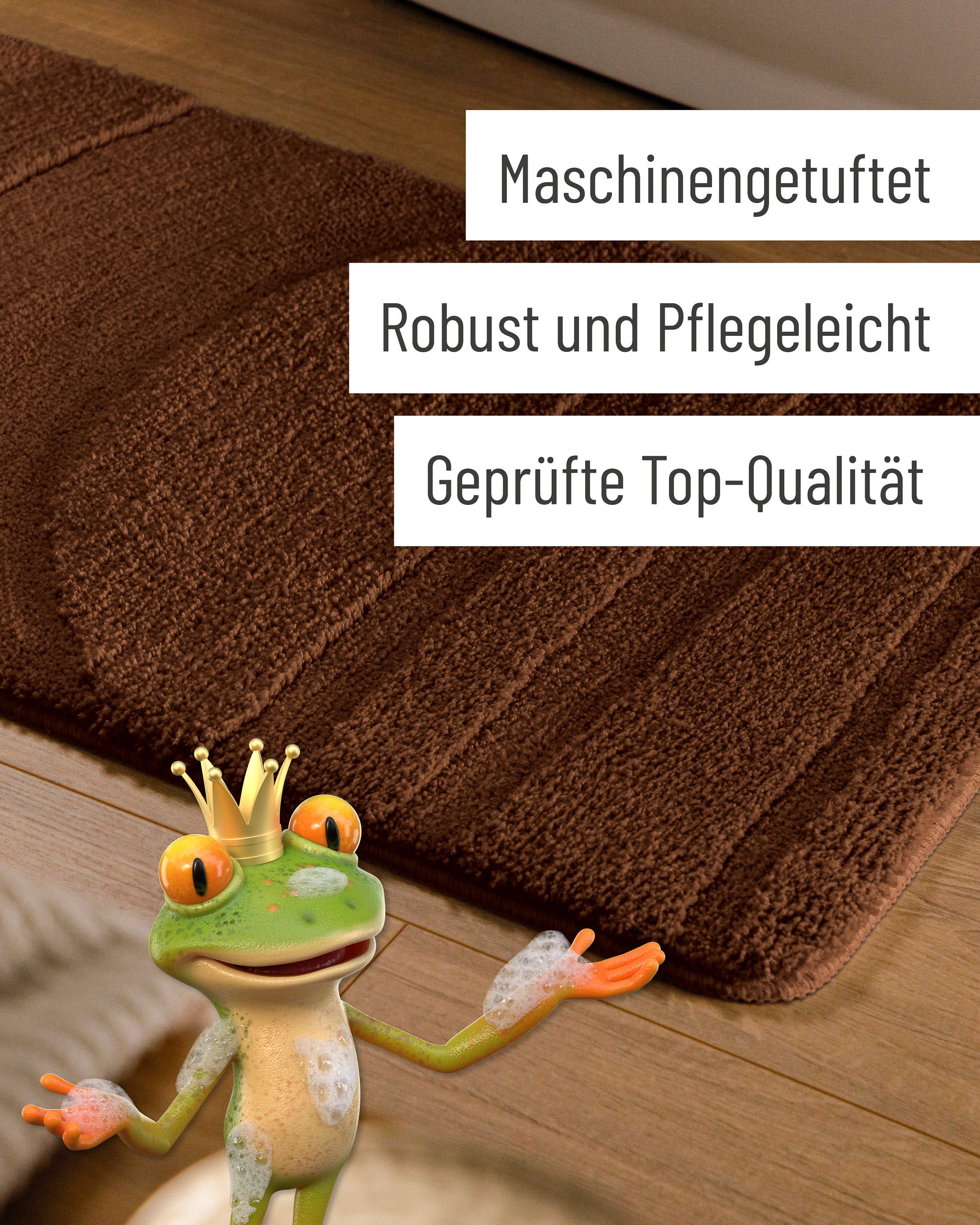 Badteppich von BathKing by WECONhome Marc Braun Detail der Teppichkante auf Holzfußboden, eingeblendete Hinweise zu Verarbeitung und Pflege