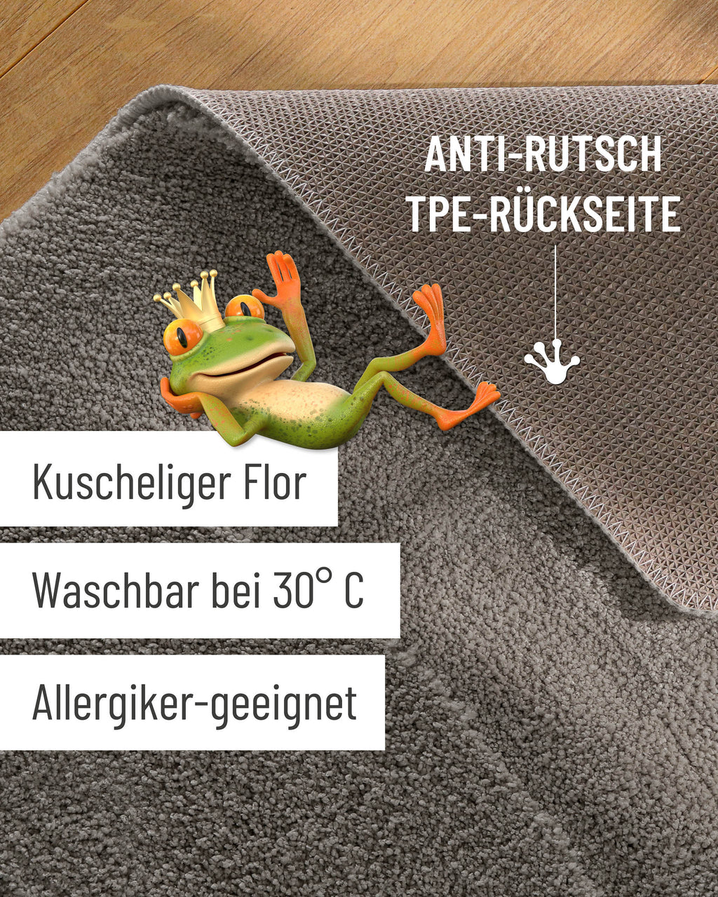 Badteppich von BathKing by WECONhome Marc Basalt Grau Detailaufnahme Flor auf Holzfußboden, eingeblendete Hinweise zu rutschhemmender Rückseite und Waschbarkeit