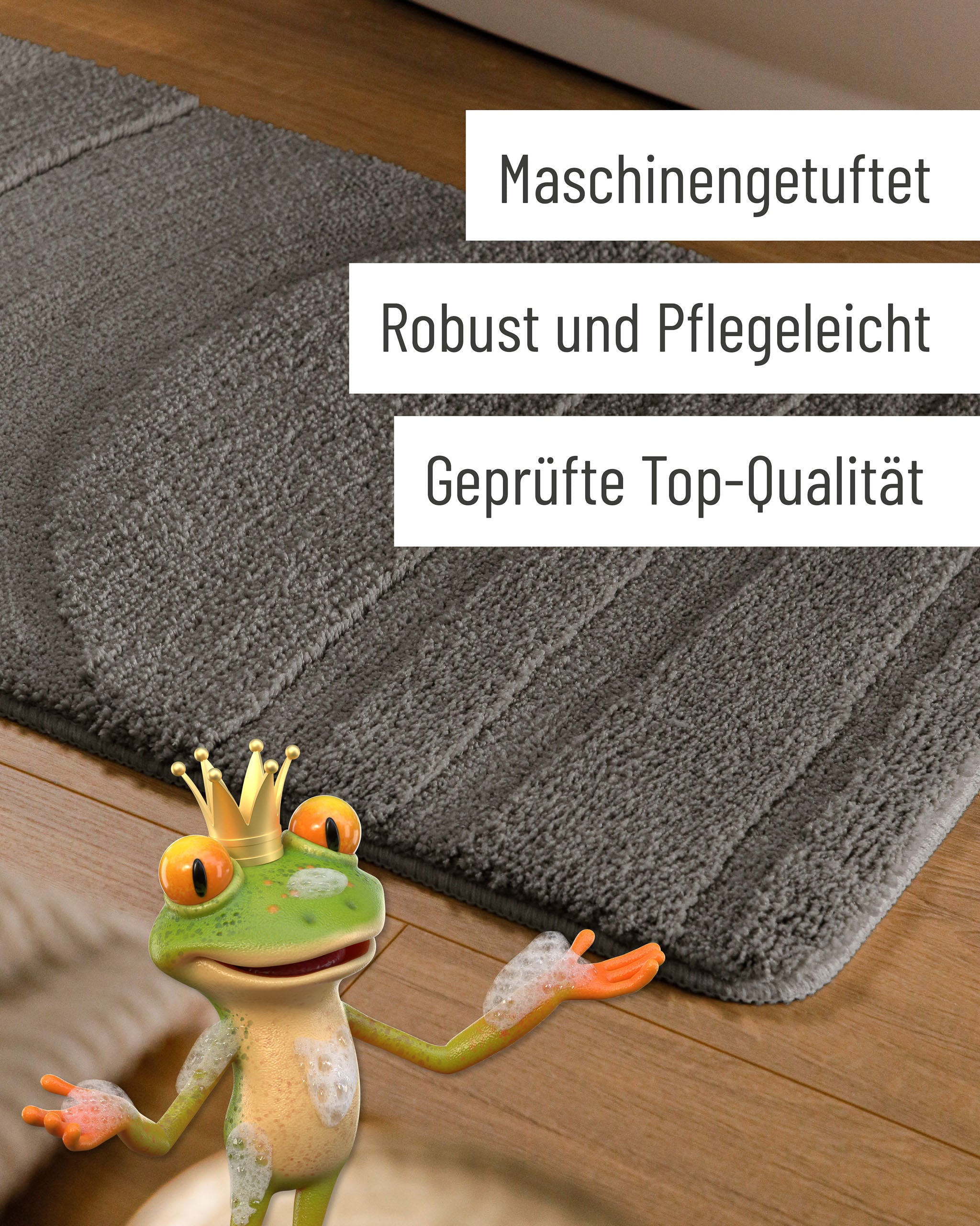 Badteppich von BathKing by WECONhome Marc Basalt Grau Detail der Teppichkante auf Holzfußboden, eingeblendete Hinweise zu Verarbeitung und Pflege