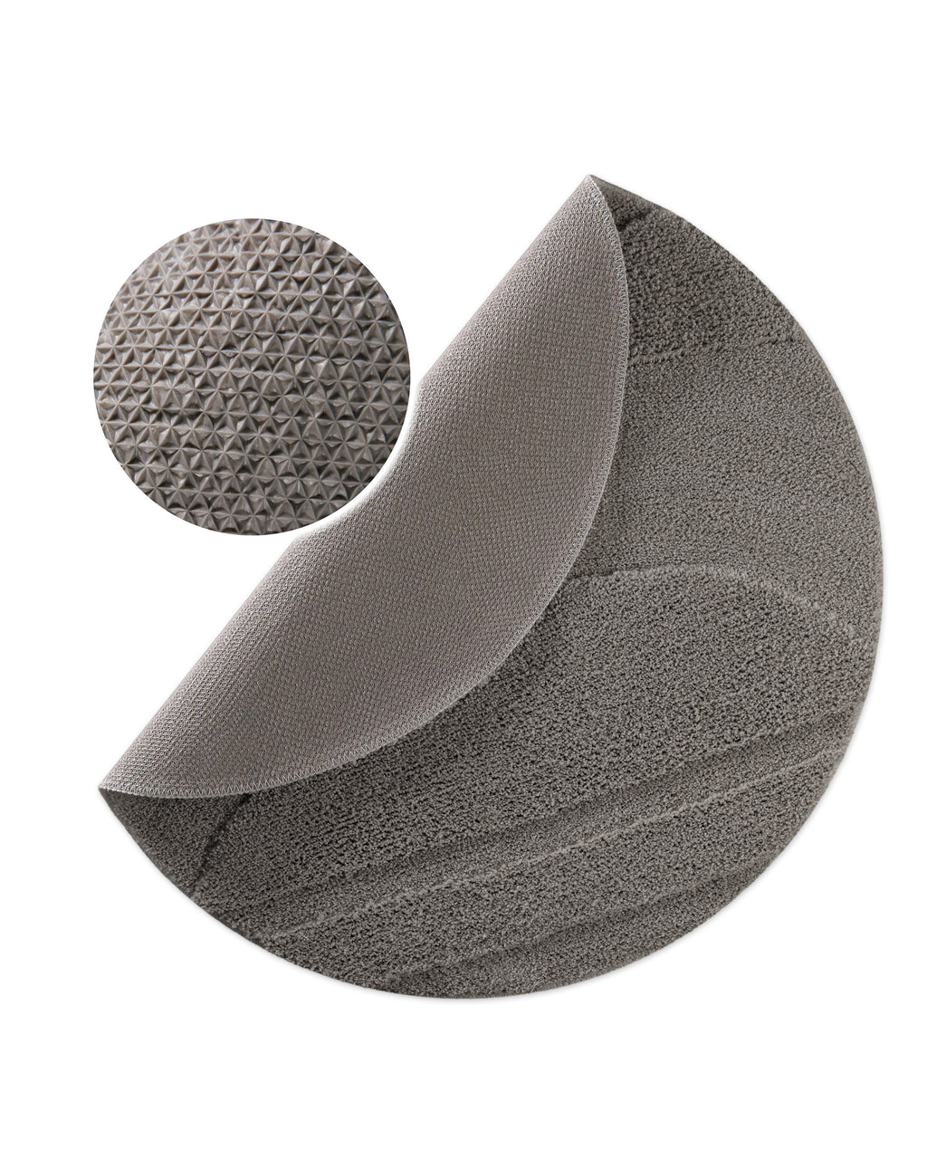 Badteppich von BathKing by WECONhome Marc Basalt Grau rund, angehobene Ecke zeigt Basalt Graue Rückseite mit rutschhemmender Beschichtung