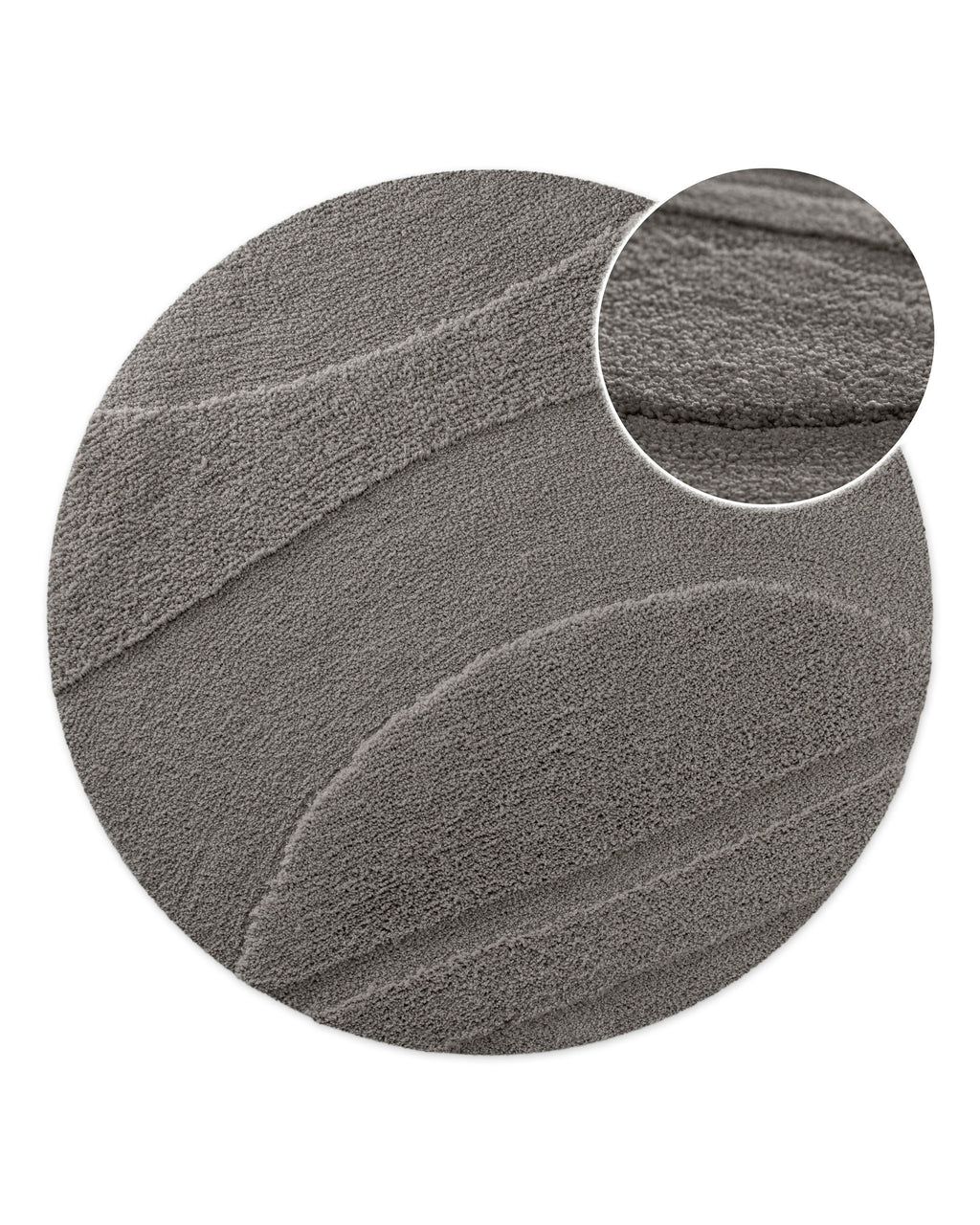 Badteppich von BathKing by WECONhome Marc Basalt Grau rund, Draufsicht mit Detailkreis der Florstruktur und eingeprägtem Linienmuster auf hellem Hintergrund