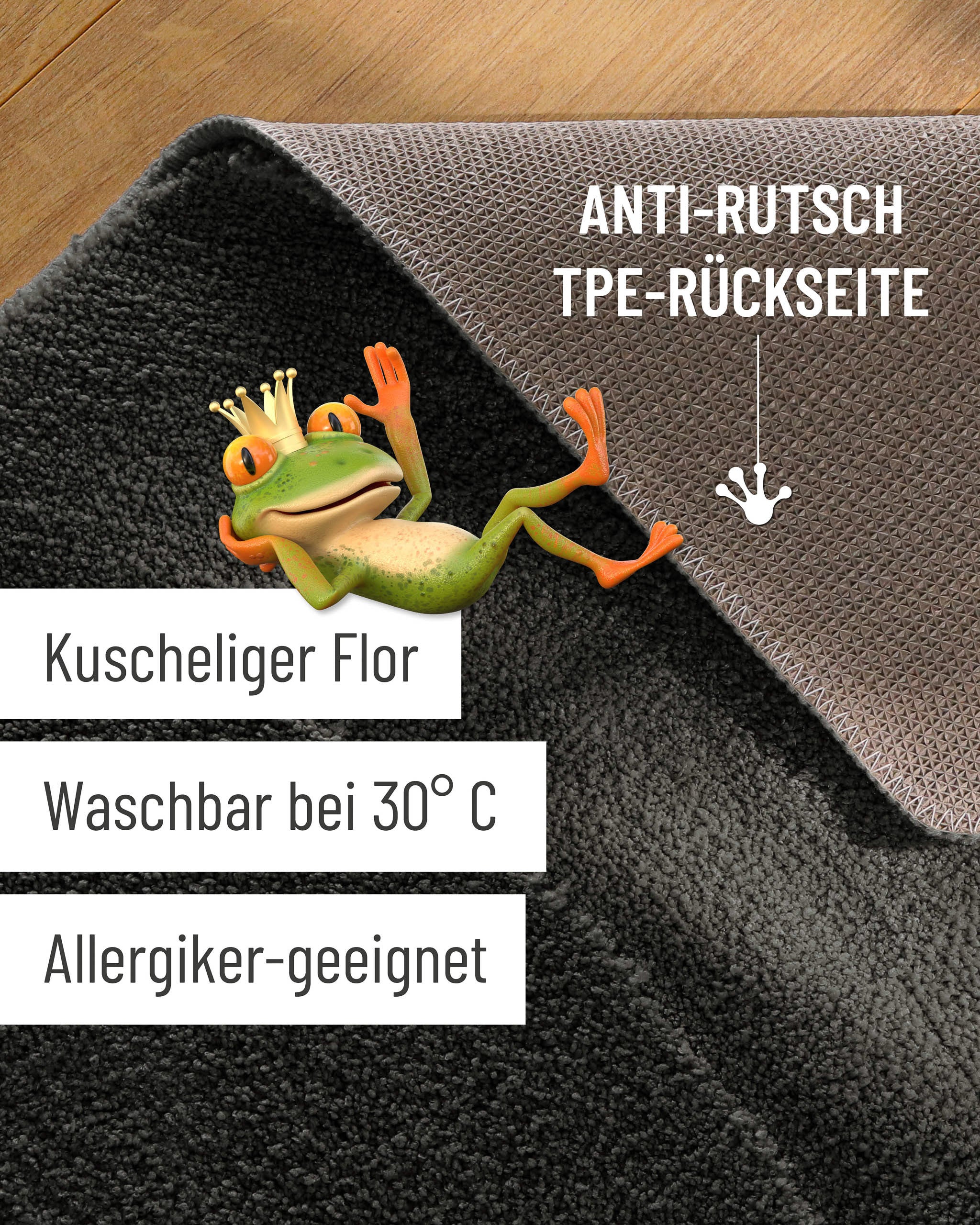 Badteppich von BathKing by WECONhome Marc Anthrazit Grau Detailaufnahme Flor auf Holzfußboden, eingeblendete Hinweise zu rutschhemmender Rückseite und Waschbarkeit
