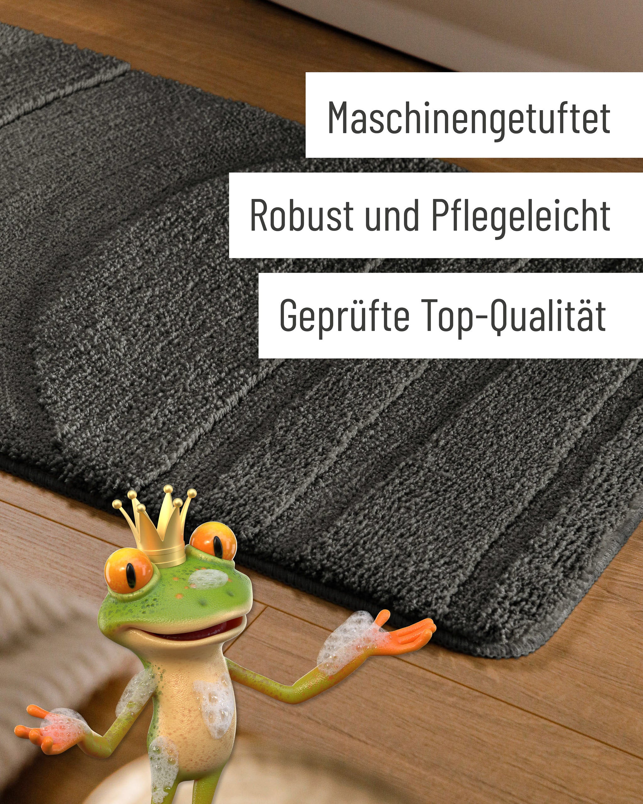 Badteppich von BathKing by WECONhome Marc Anthrazit Grau Detail der Teppichkante auf Holzfußboden, eingeblendete Hinweise zu Verarbeitung und Pflege