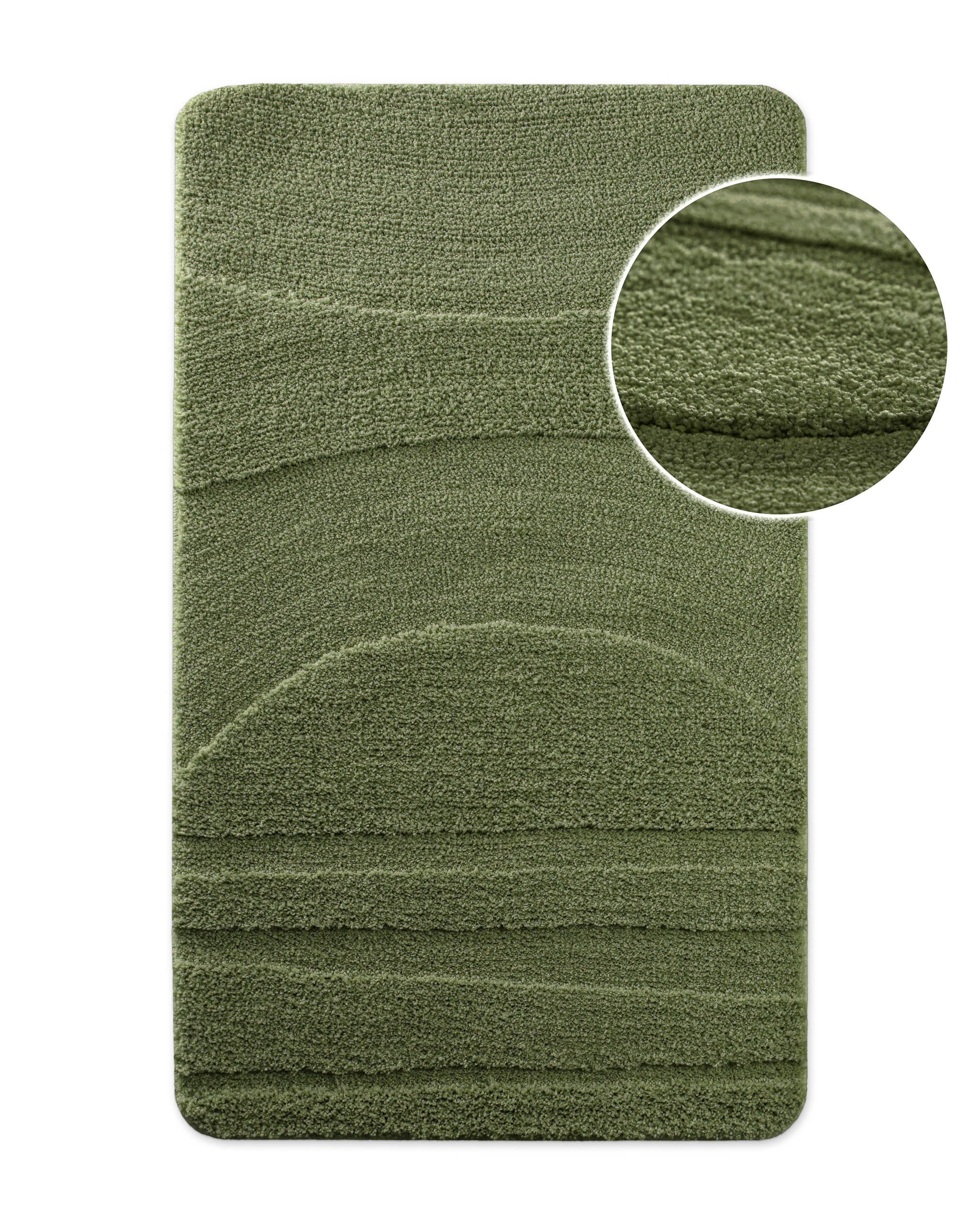 Badteppich von BathKing by WECONhome Marc Grün, Draufsicht mit Detailkreis der Florstruktur und eingeprägtem Muster auf weißem Hintergrund