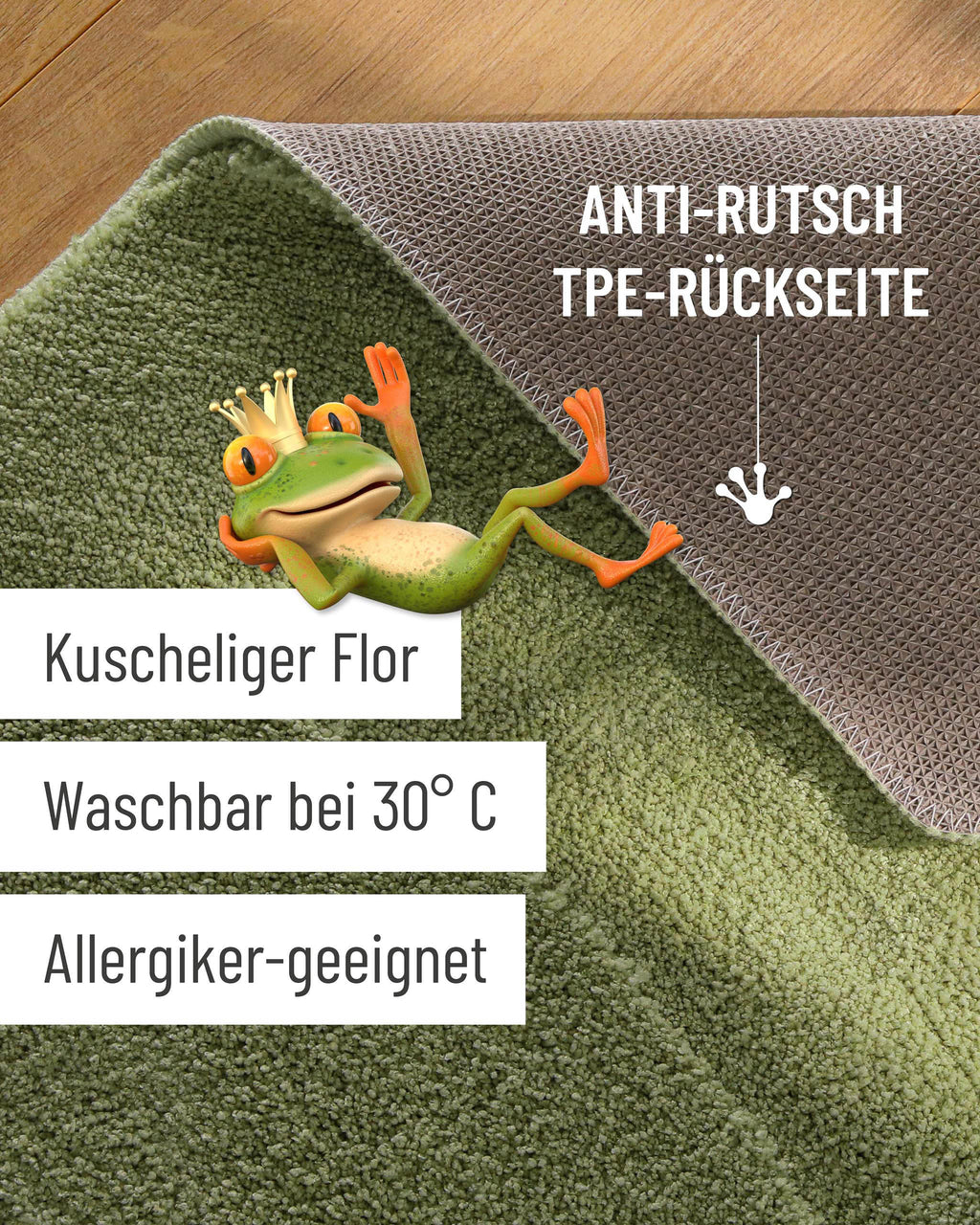 Badteppich von BathKing by WECONhome Marc Reseda Grün Detailaufnahme Flor auf Holzfußboden, eingeblendete Hinweise zu rutschhemmender Rückseite und Waschbarkeit