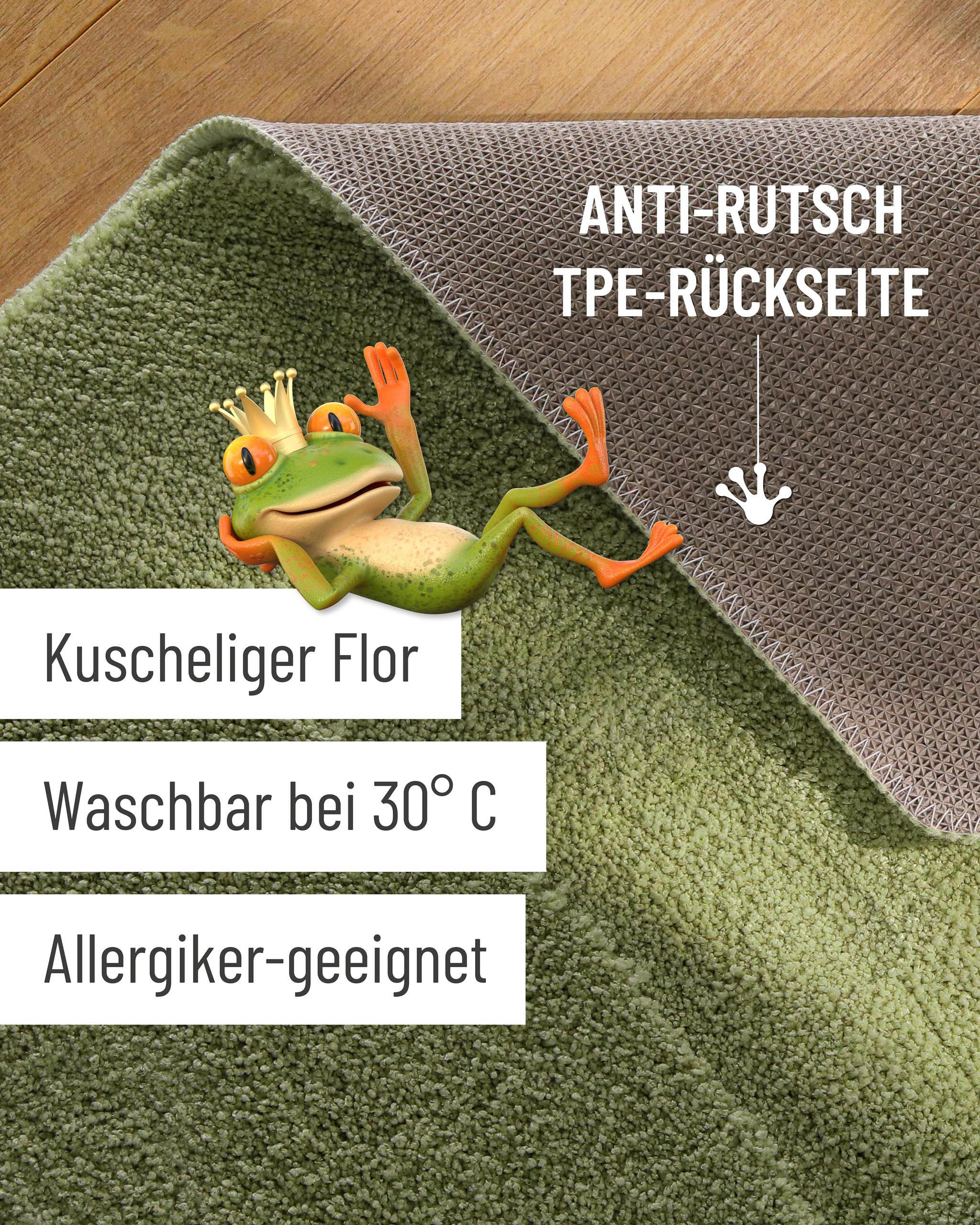 Badteppich von BathKing by WECONhome Marc Reseda Grün Detailaufnahme Flor auf Holzfußboden, eingeblendete Hinweise zu rutschhemmender Rückseite und Waschbarkeit