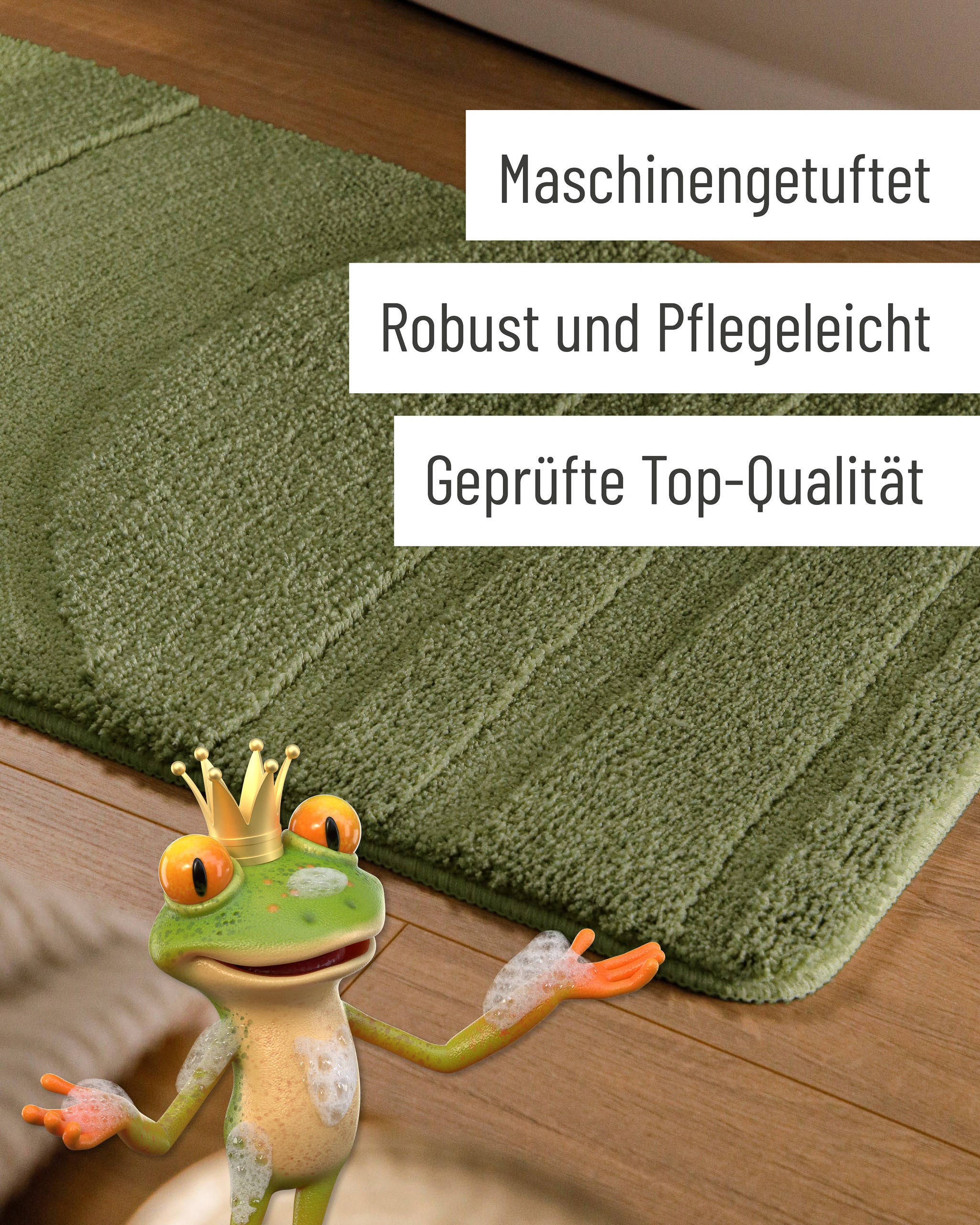 Badteppich von BathKing by WECONhome Marc Reseda Grün Detail der Teppichkante auf Holzfußboden, eingeblendete Hinweise zu Verarbeitung und Pflege
