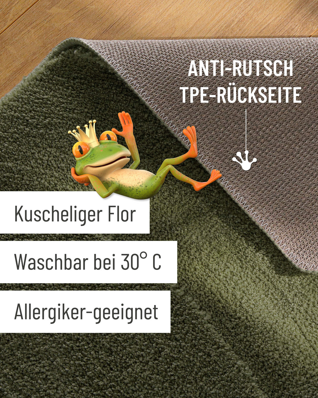 Badteppich von BathKing by WECONhome Marc Kiefer Grün Detailaufnahme Flor auf Holzfußboden, eingeblendete Hinweise zu rutschhemmender Rückseite und Waschbarkeit