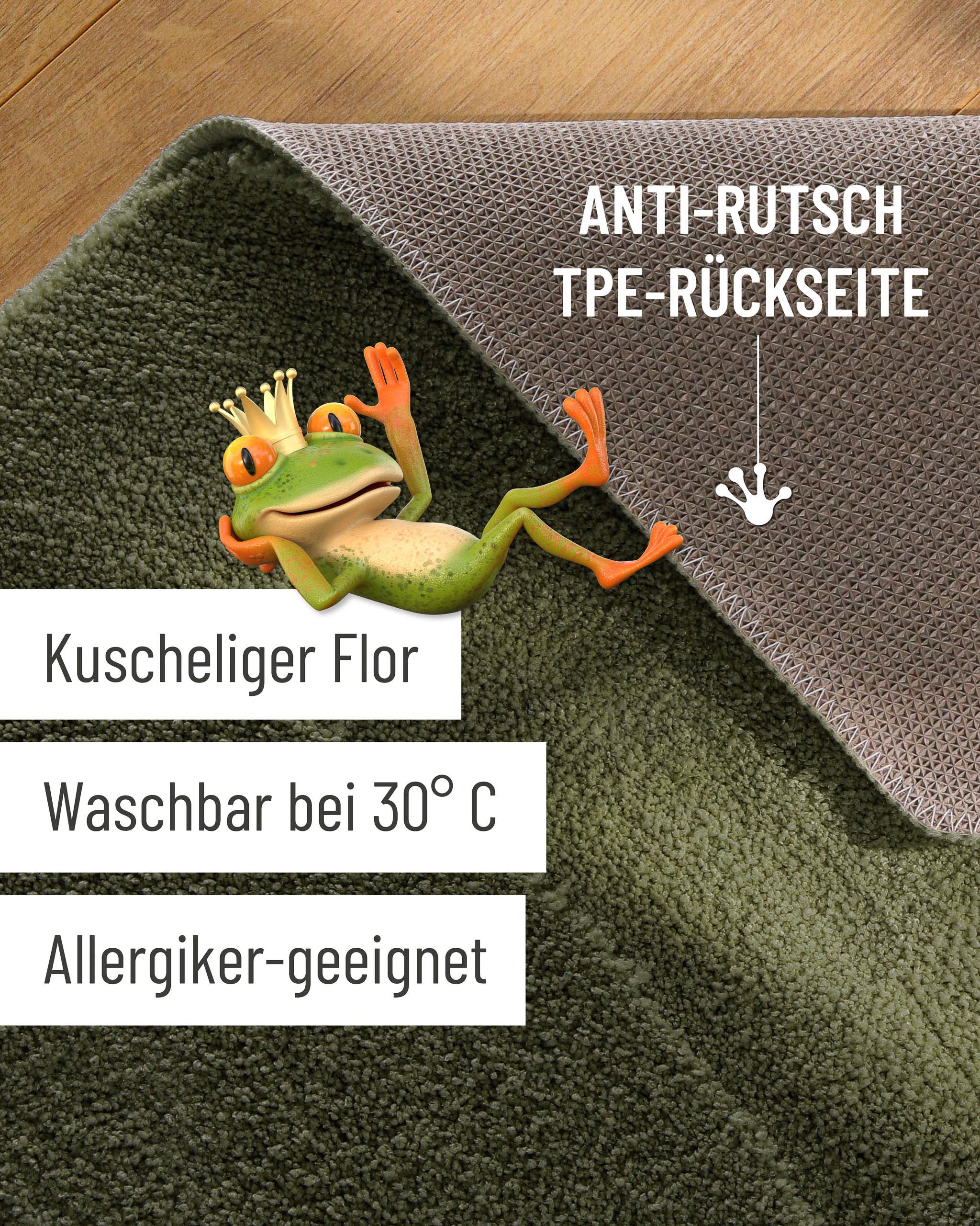 Badteppich von BathKing by WECONhome Marc Kiefer Grün Detailaufnahme Flor auf Holzfußboden, eingeblendete Hinweise zu rutschhemmender Rückseite und Waschbarkeit