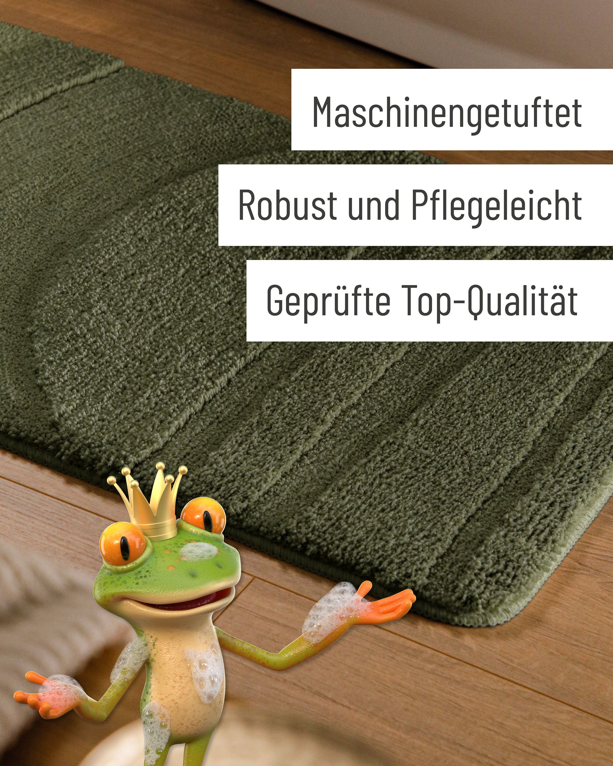 Badteppich von BathKing by WECONhome Marc Kiefer Grün Detail der Teppichkante auf Holzfußboden, eingeblendete Hinweise zu Verarbeitung und Pflege