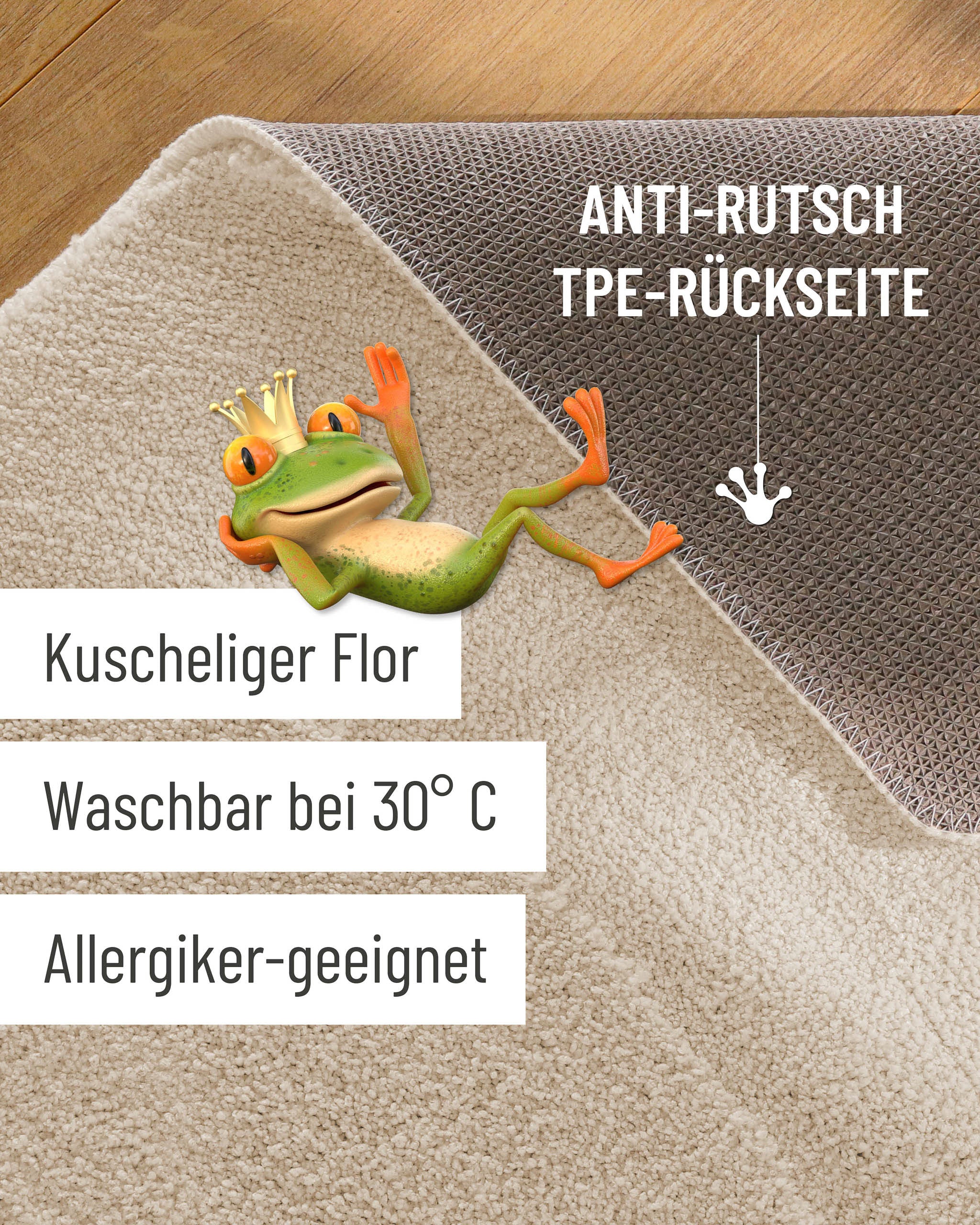Badteppich von BathKing by WECONhome Marc Creme Weiß Detailaufnahme Flor auf Holzfußboden, eingeblendete Hinweise zu rutschhemmender Rückseite und Waschbarkeit