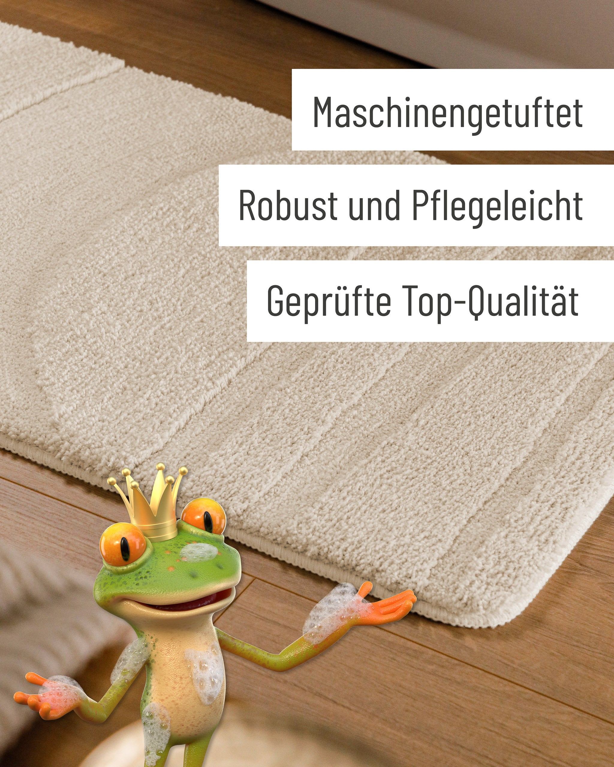 Badteppich von BathKing by WECONhome Marc Creme Weiß Detail der Teppichkante auf Holzfußboden, eingeblendete Hinweise zu Verarbeitung und Pflege