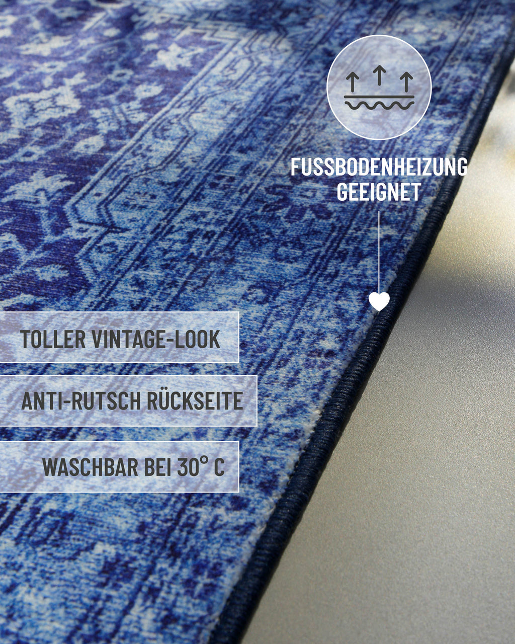Blauer Vintage-Badteppich Ralph mit Hinweis auf Vintage-Look, Antirutschbeschichtung und Waschbarkeit.