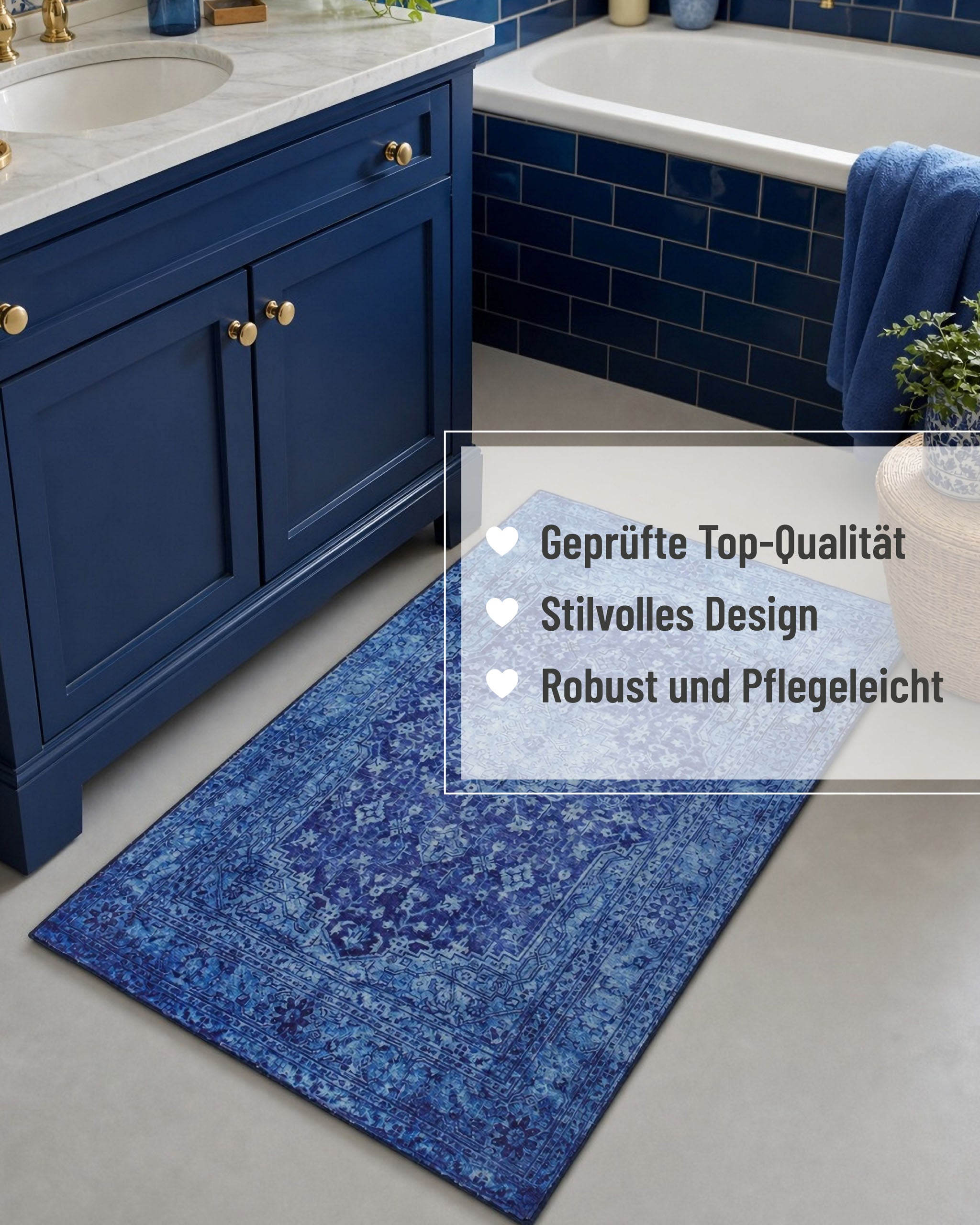 Blauer Vintage-Badteppich Ralph im Badezimmer mit Hinweisen zu Qualität, Robustheit und Pflegeleichtigkeit.