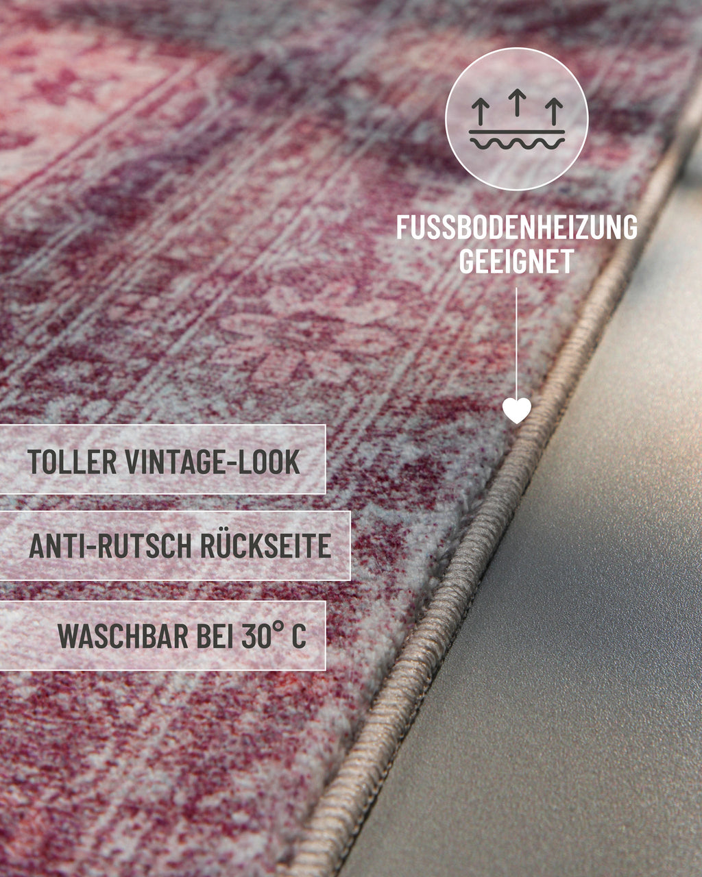 Pastellvioletter Vintage-Badteppich Ralph mit Informationen zu Vintage-Design, Antirutschbeschichtung und Waschbarkeit.