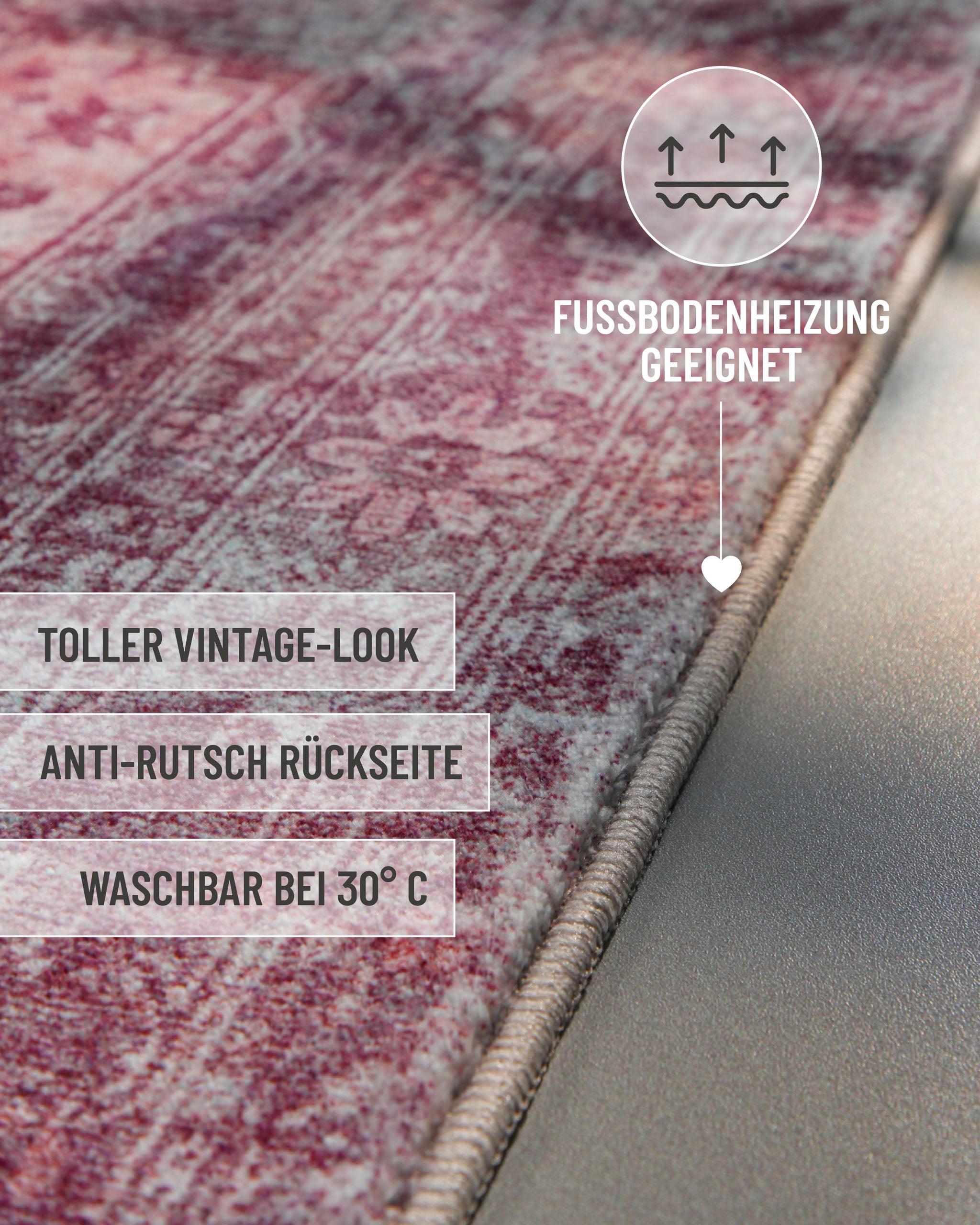 Pastellvioletter Vintage-Badteppich Ralph mit Informationen zu Vintage-Design, Antirutschbeschichtung und Waschbarkeit.