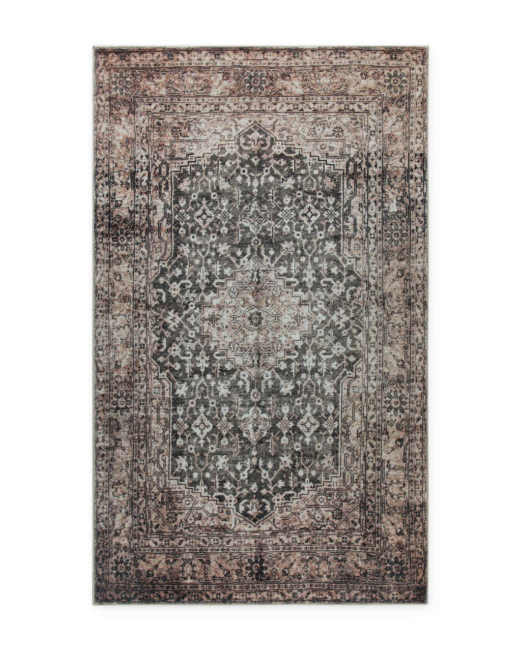 Beige-grauer Vintage-Badteppich Ralph als Freisteller mit klassischem orientalischem Vintage-Muster.