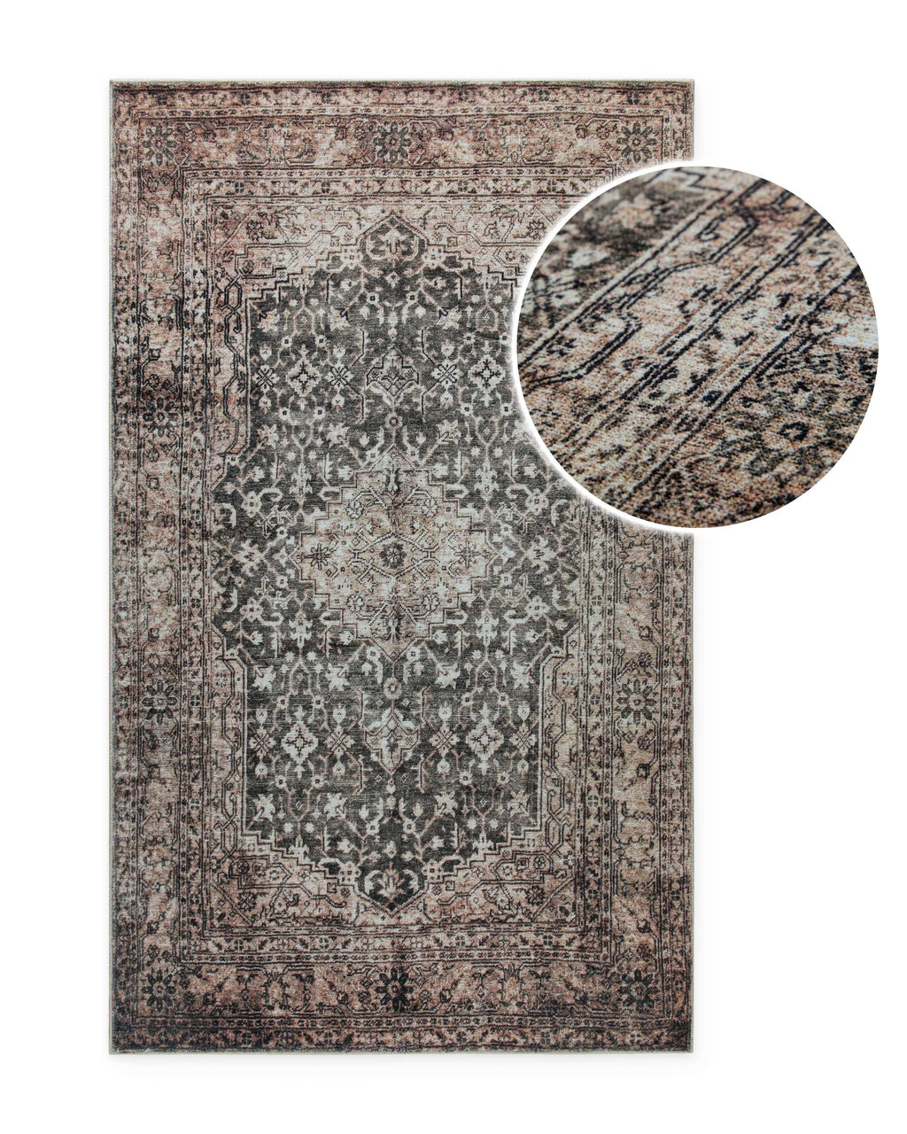 Detailansicht des beige-grauen Vintage-Badteppichs Ralph mit vergrößerter Darstellung der feinen Ornamentstruktur.