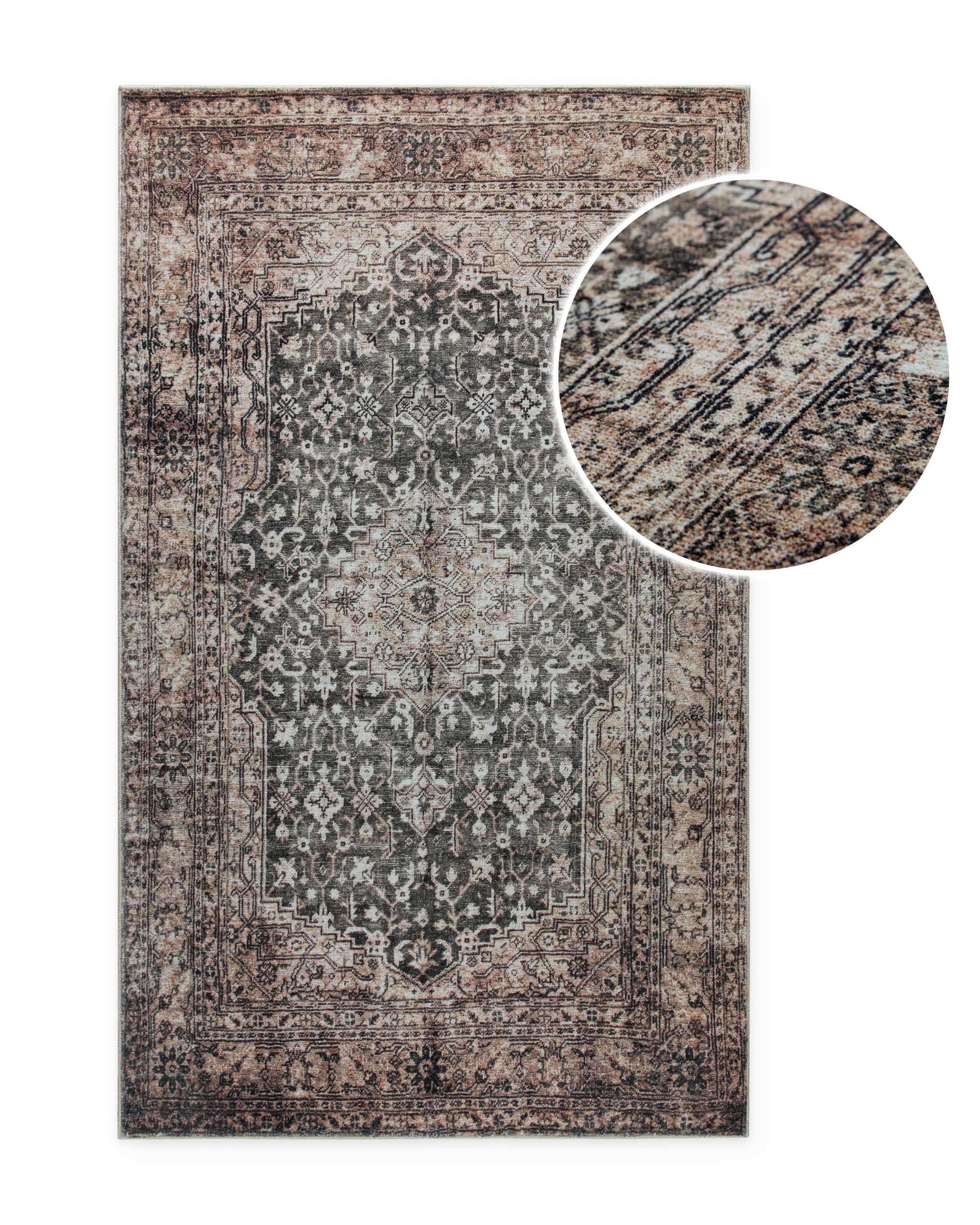 Detailansicht des beige-grauen Vintage-Badteppichs Ralph mit vergrößerter Darstellung der feinen Ornamentstruktur.