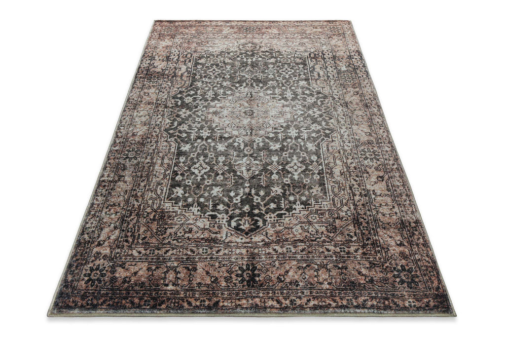 Beige-grauer Vintage-Badteppich Ralph in perspektivischer Ansicht mit dekorativem Ethno-Design.