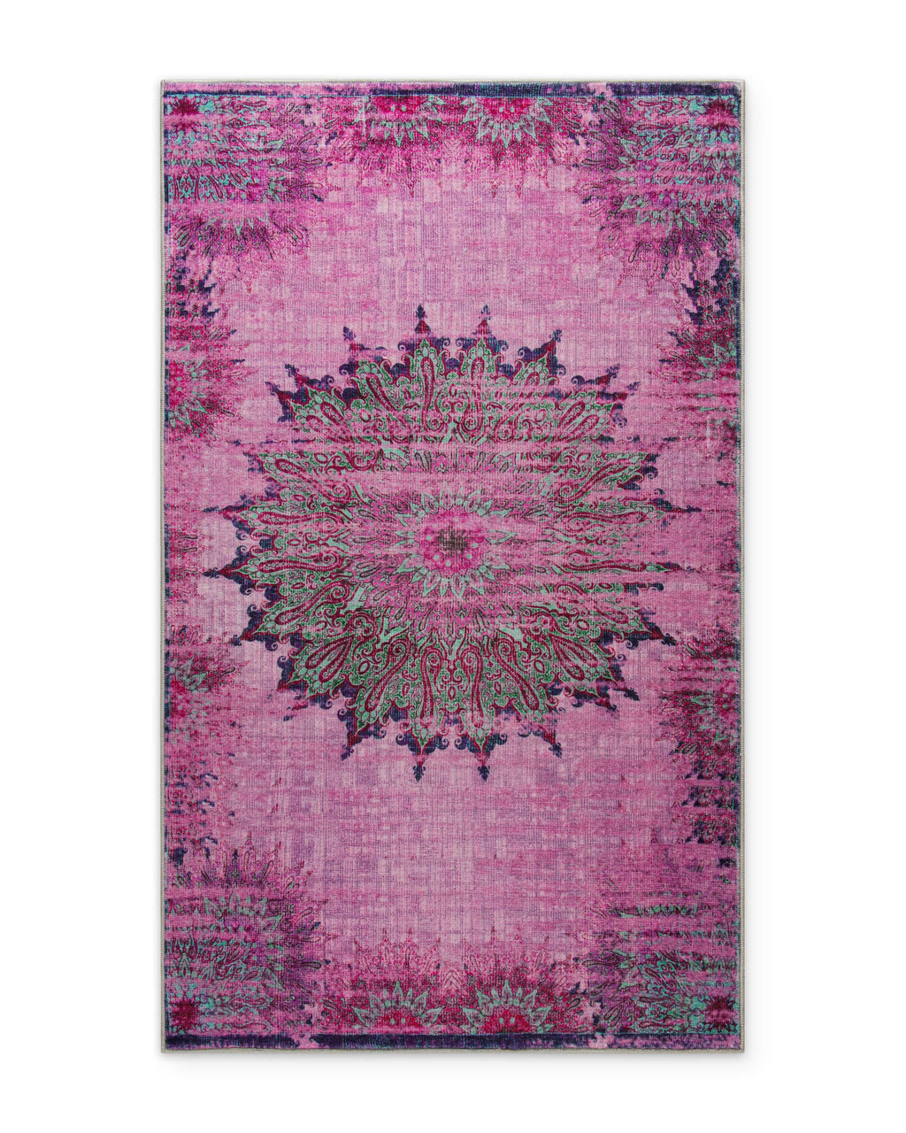 Vintage-Badteppich Healing in Violett-Multi als Freisteller mit großem orientalischem Mandala.