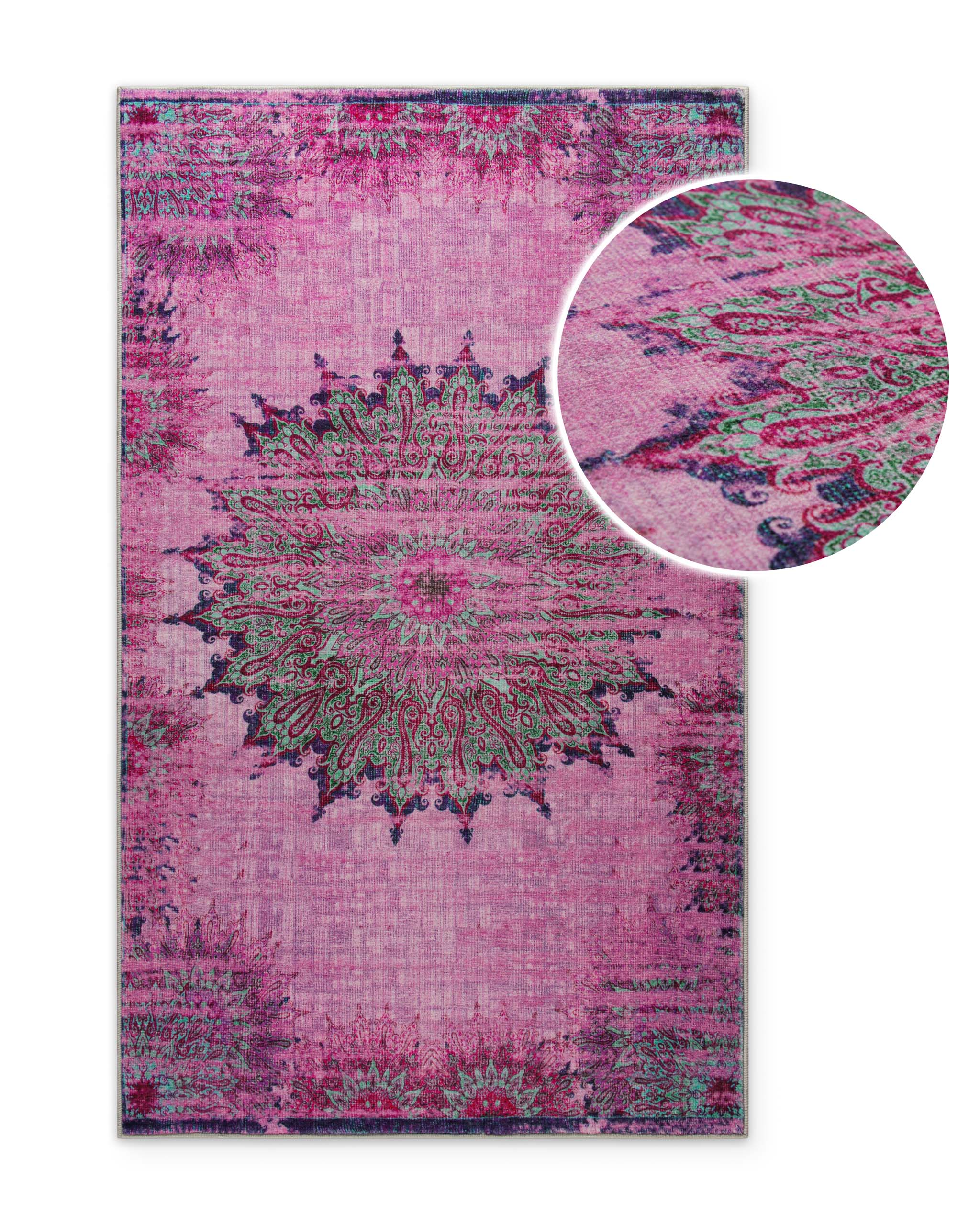 Detailaufnahme des Vintage-Badteppichs Healing in Violett-Bunt mit vergrößerter Ansicht des Mandala-Musters.