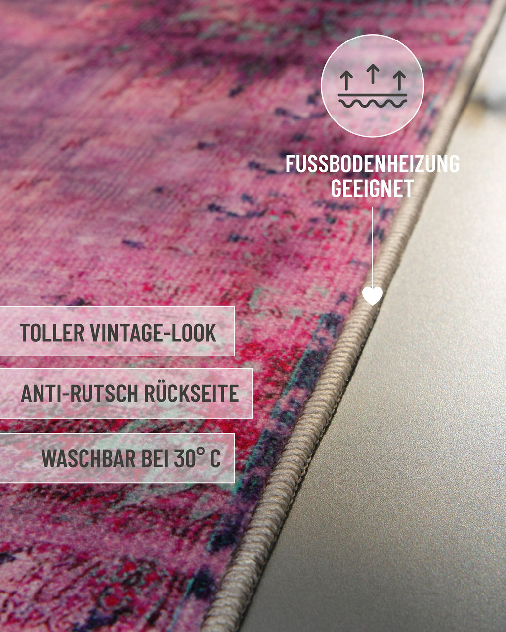 Vintage-Badteppich Healing in Violett-Multi mit Hinweisen zu Vintage-Optik, Antirutschbeschichtung und Waschbarkeit.