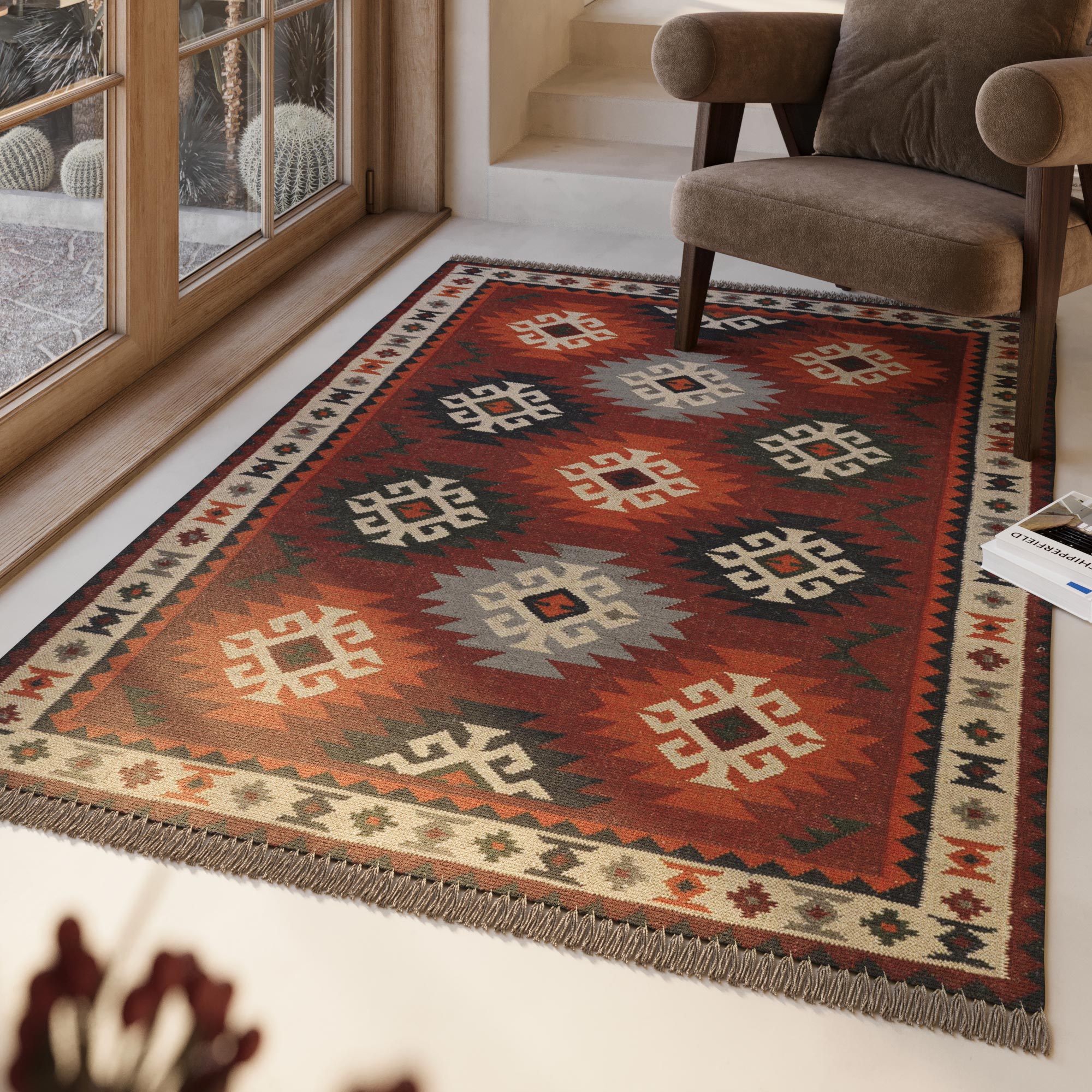 Kelim Teppich Rot aus Wolle "Blancard" Green Looop