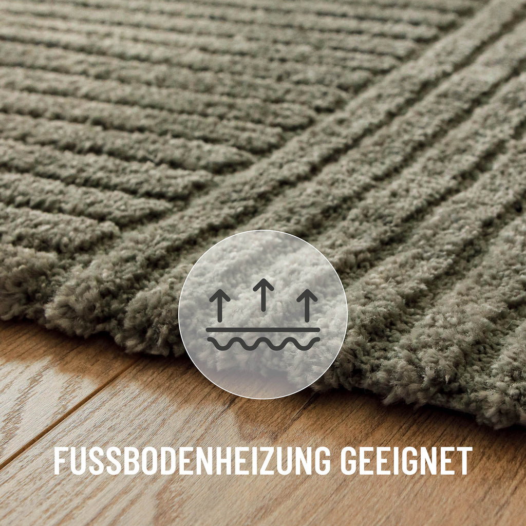 Grafik: Teppich Bolen oliv grün für Fußbodenheizung geeignet