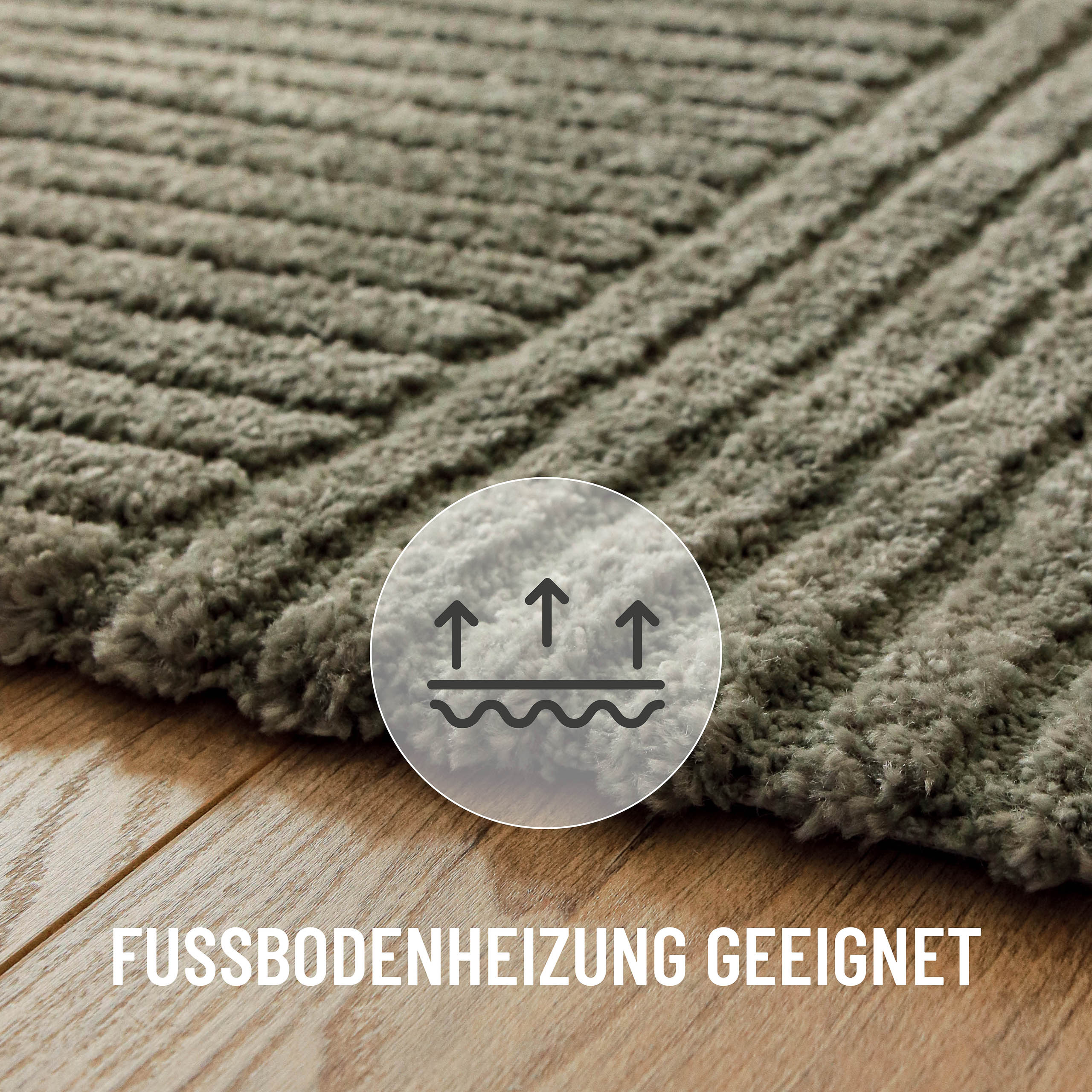 Grafik: Teppich Bolen oliv grün für Fußbodenheizung geeignet