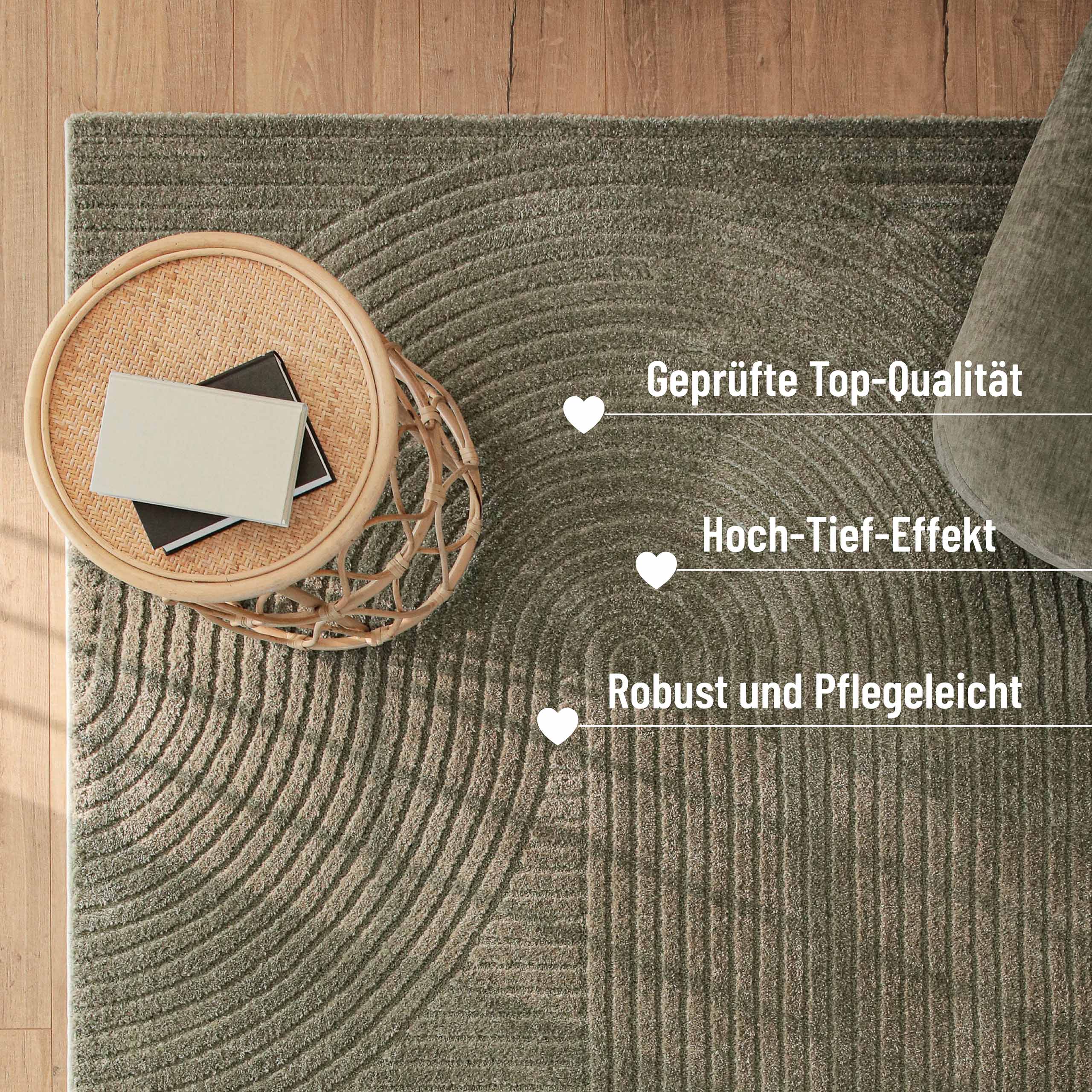 Grafik: Teppich Bolen oliv grün Geprüfte Qualität; Hoch-Tief-Effekt; robust und pflegeleicht (Draufsicht im Raum)