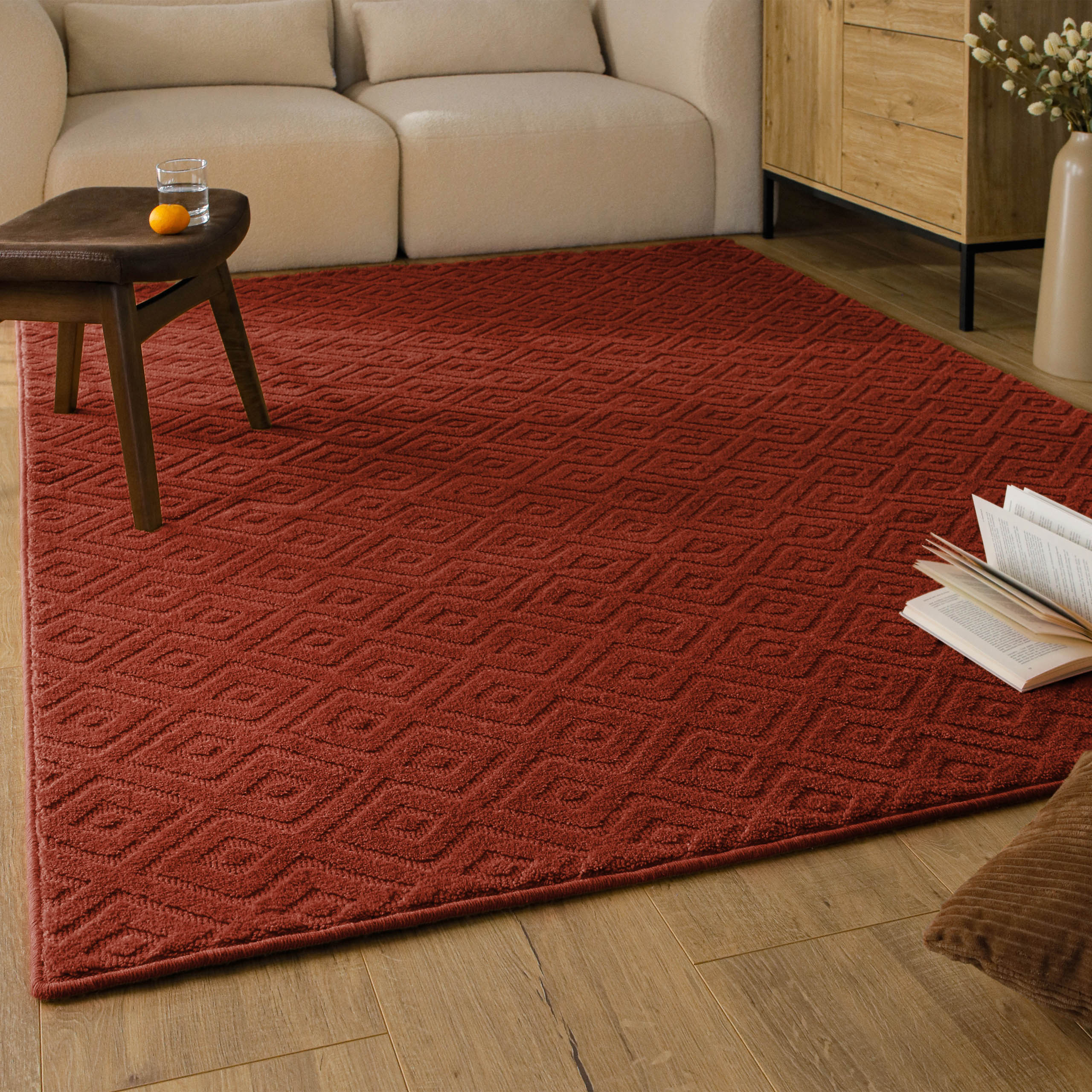 Kurzflor Teppich Castello Two Kamin Rot