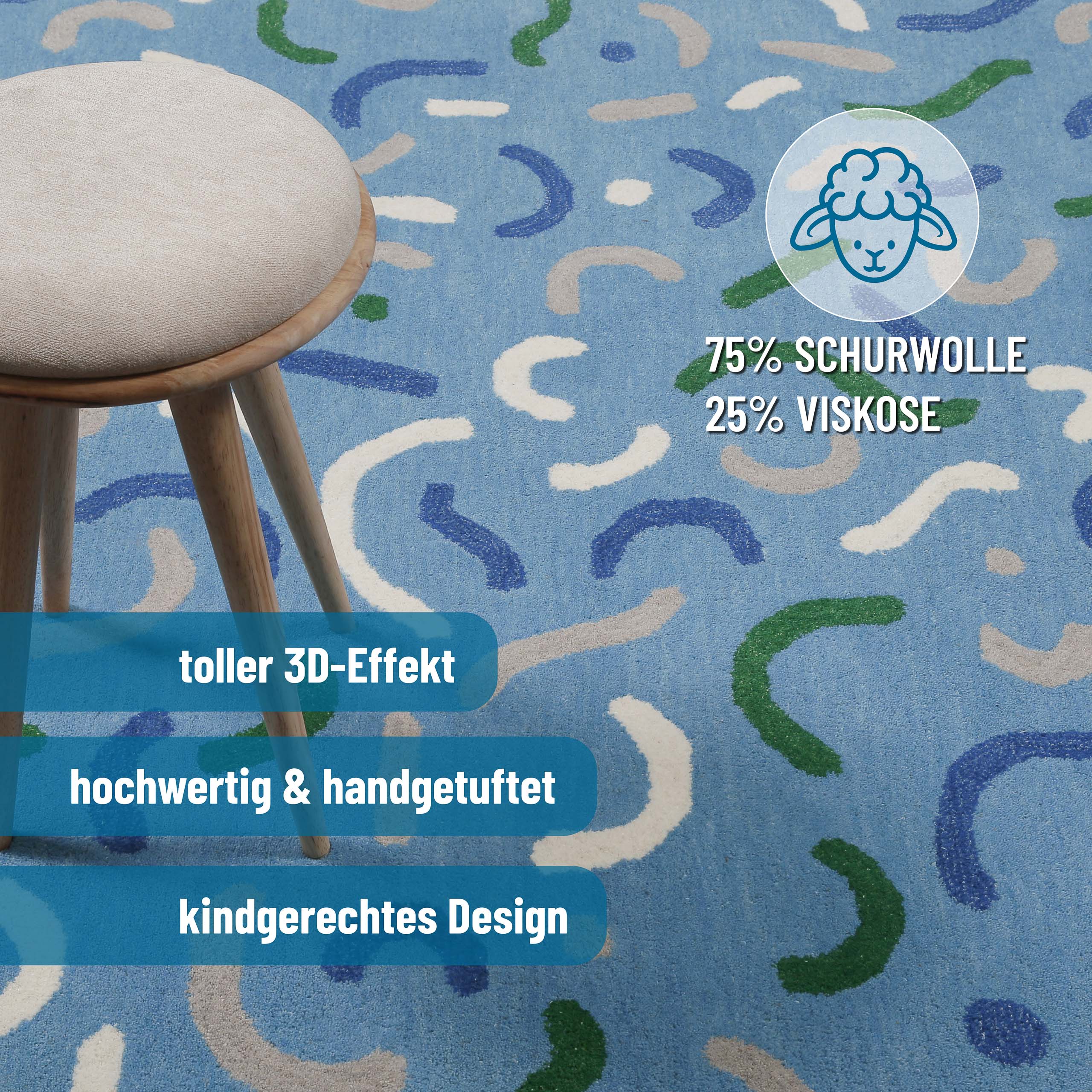 Kinderteppich aus Schurwolle Blau Grün "Confetti" Smart Kids