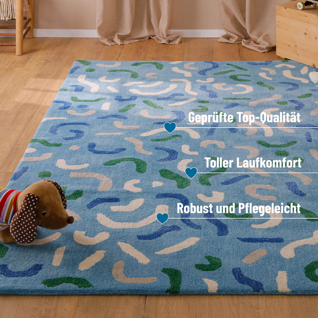 Kinderteppich aus Schurwolle Blau Grün "Confetti" Smart Kids