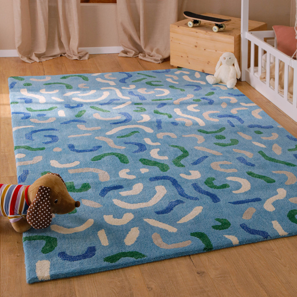 Kinderteppich aus Schurwolle Blau Grün "Confetti" Smart Kids