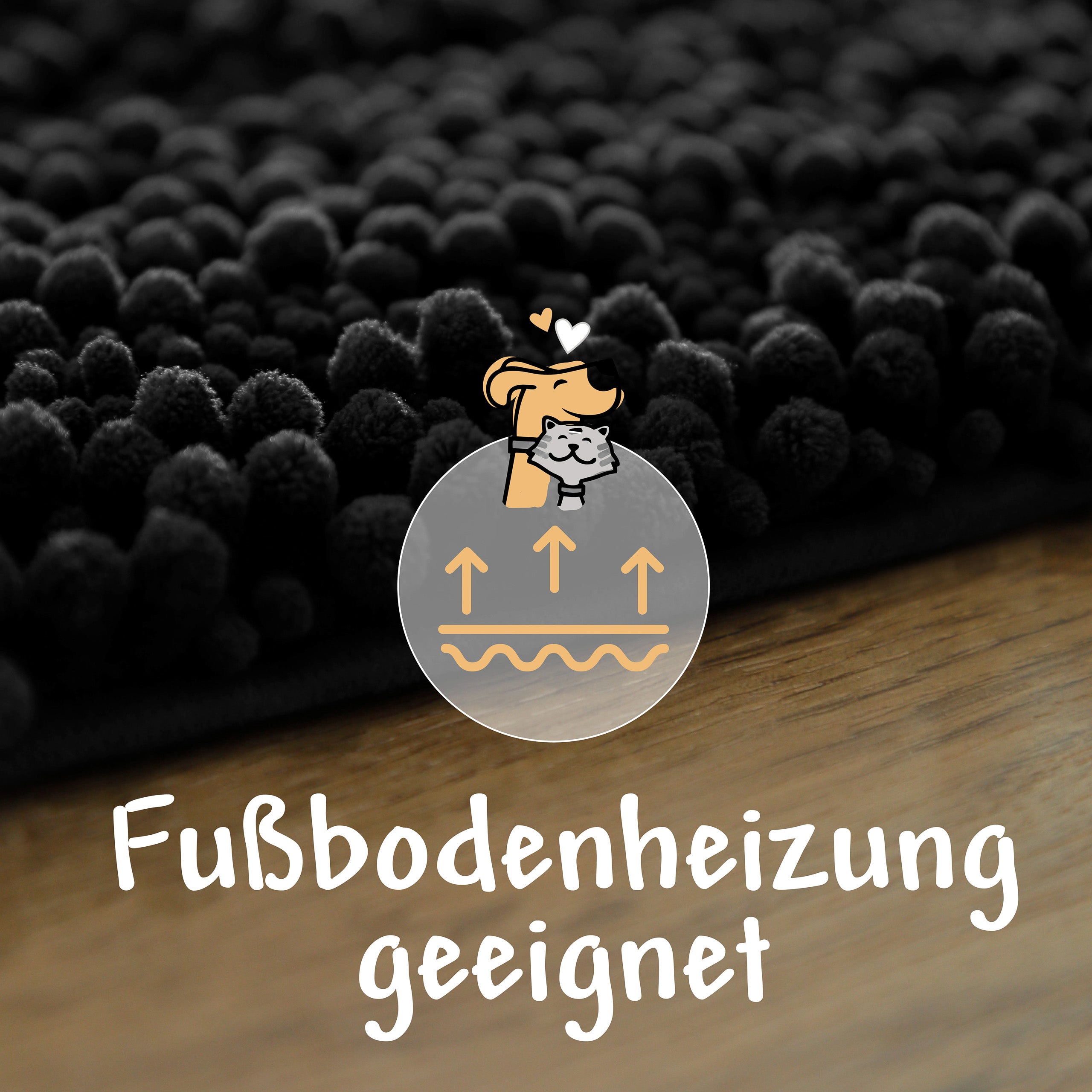 Grafik: Schwarzer Cooper-Teppich für Fußbodenheizung geeignet