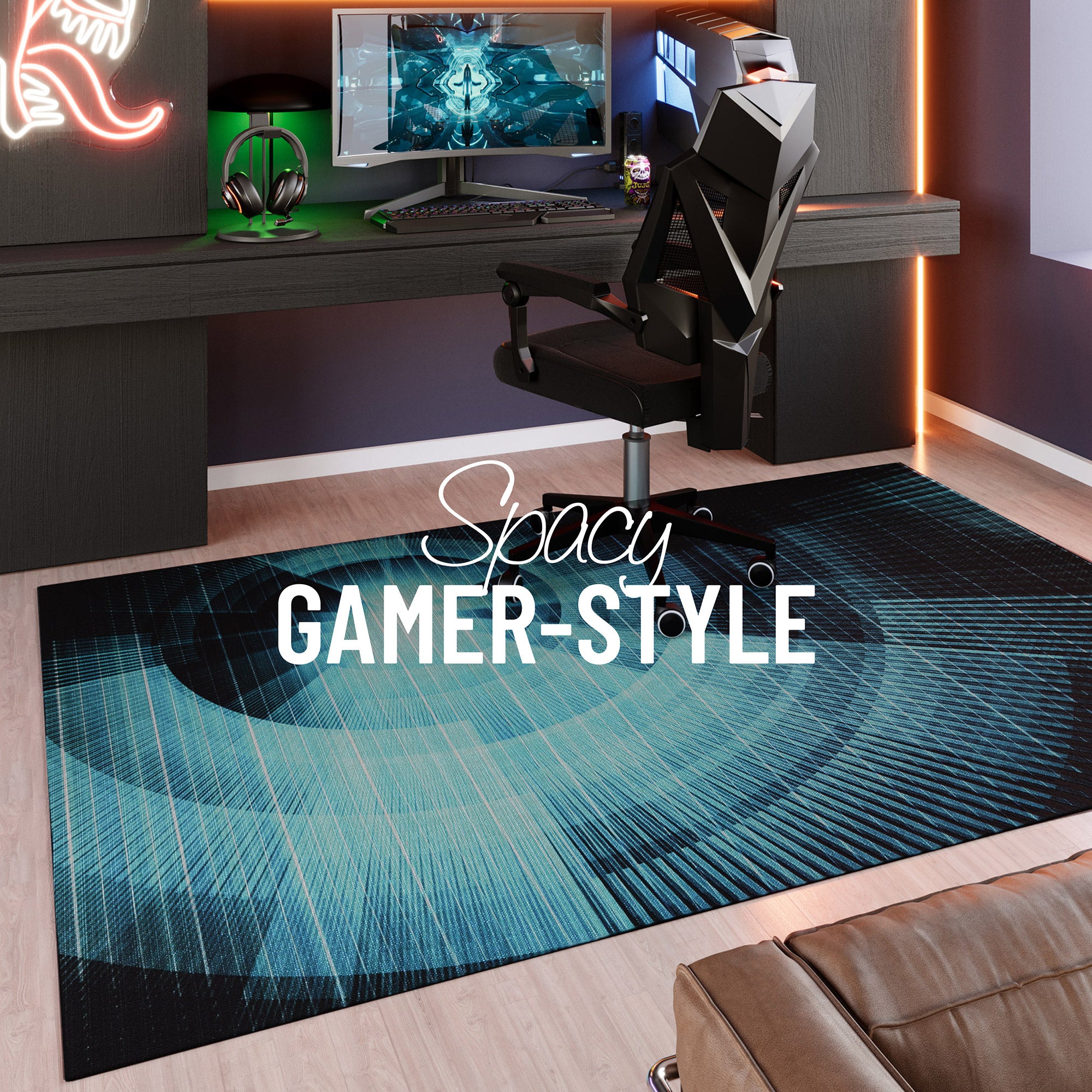 Gewebter Gamerteppich bedruckt Blau Schwarz "Cyber Swirl" WECONhome