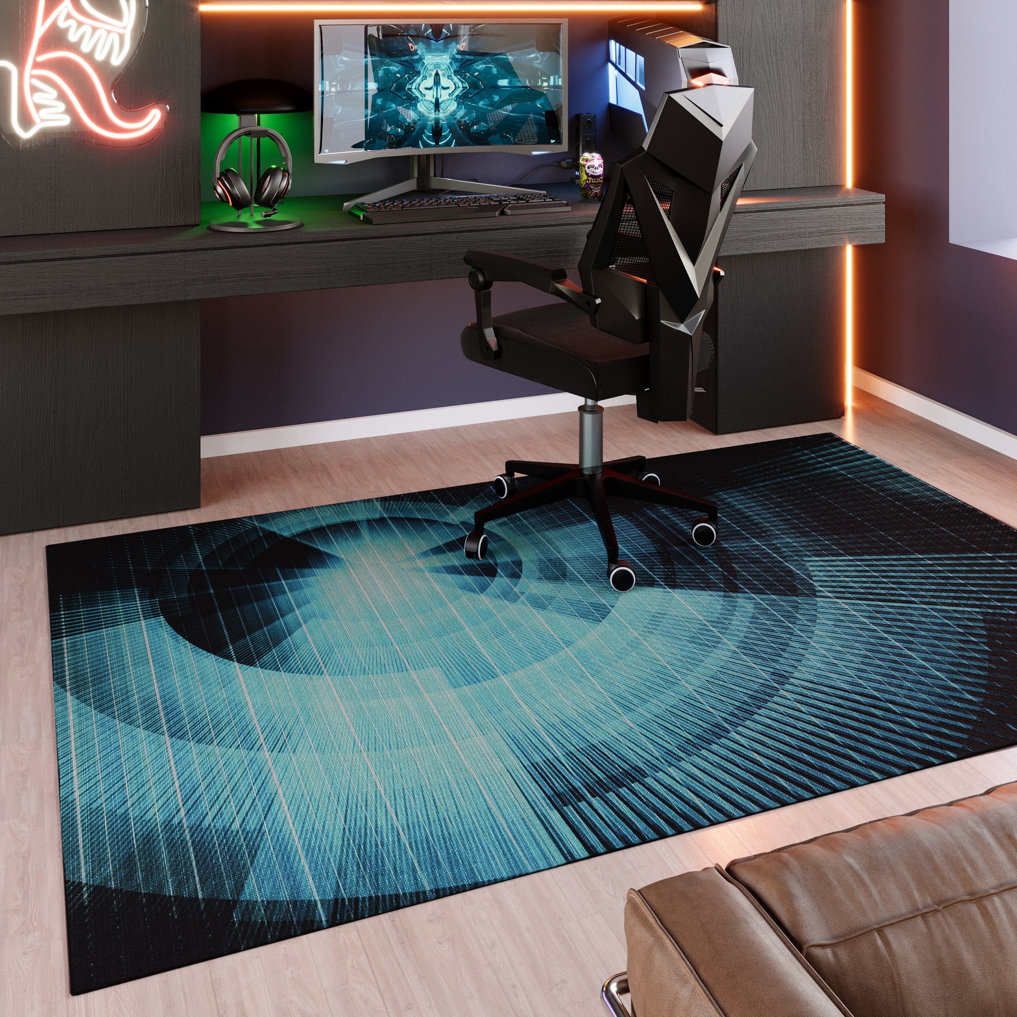 Gewebter Gamerteppich bedruckt Blau Schwarz "Cyber Swirl" WECONhome