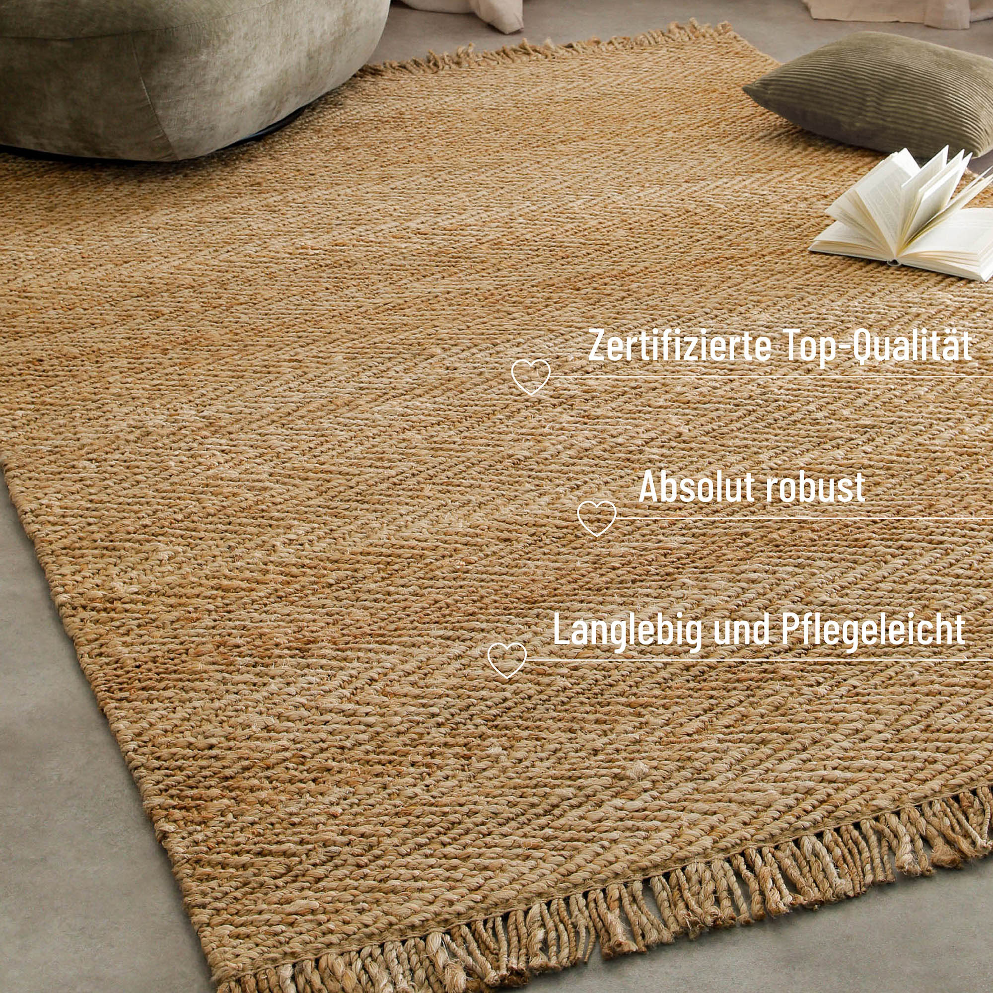 "Dhurry" Jute-Teppich – handgewebt, schwer, strukturiert