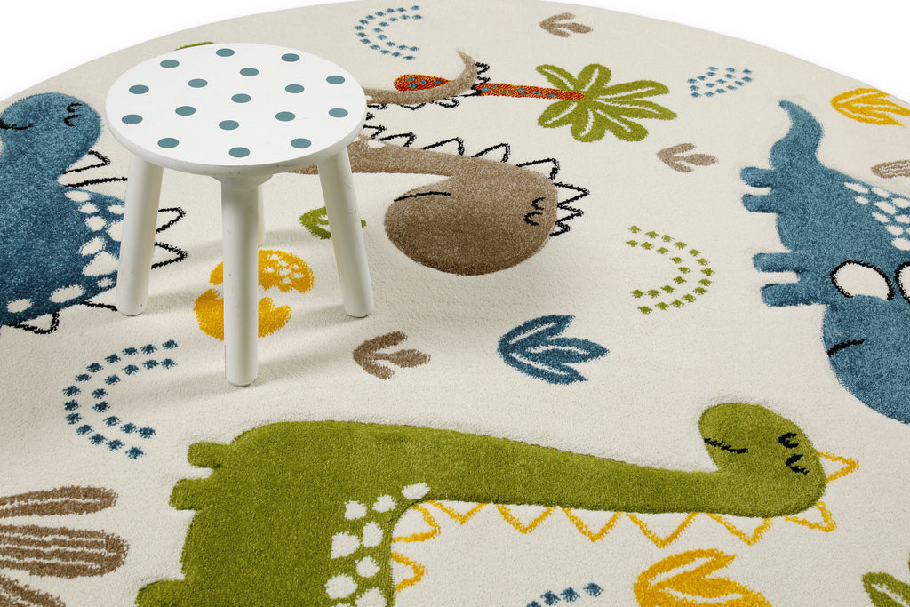 Kinderteppich Rund Creme Weiß "Dino & Friends" Smart Kids