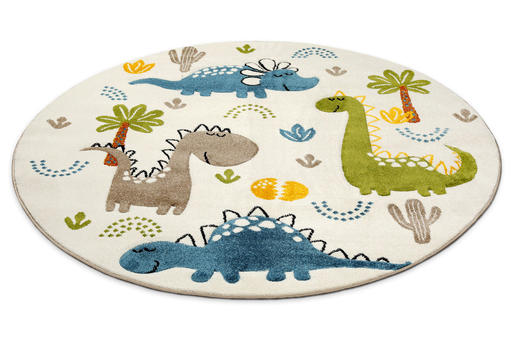 Kinderteppich Rund Creme Weiß "Dino & Friends" Smart Kids