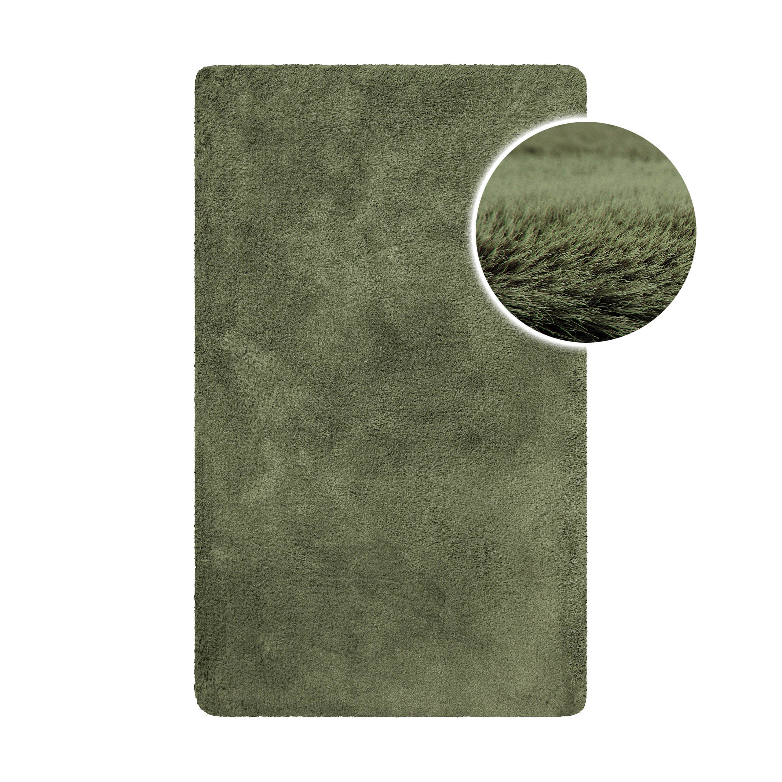 Emil Badteppich oliv grün Hochflor Frontansicht mit Detailausschnitt rechteckig