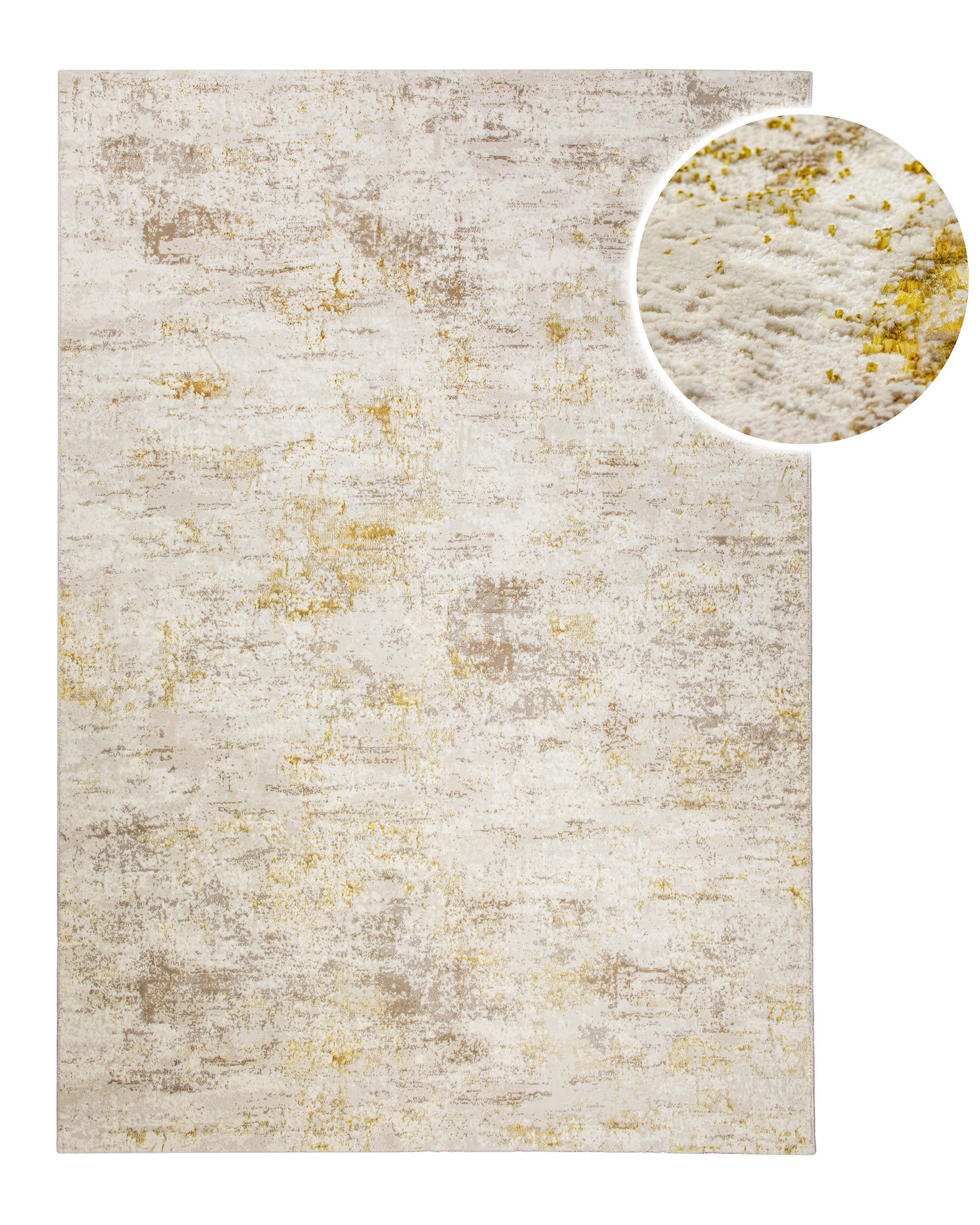 Esprit Feel Vintage 2.0 Teppich Creme Gold rechteckig, Draufsicht mit Detailausschnitt der strukturierten Oberfläche mit goldenen Akzenten