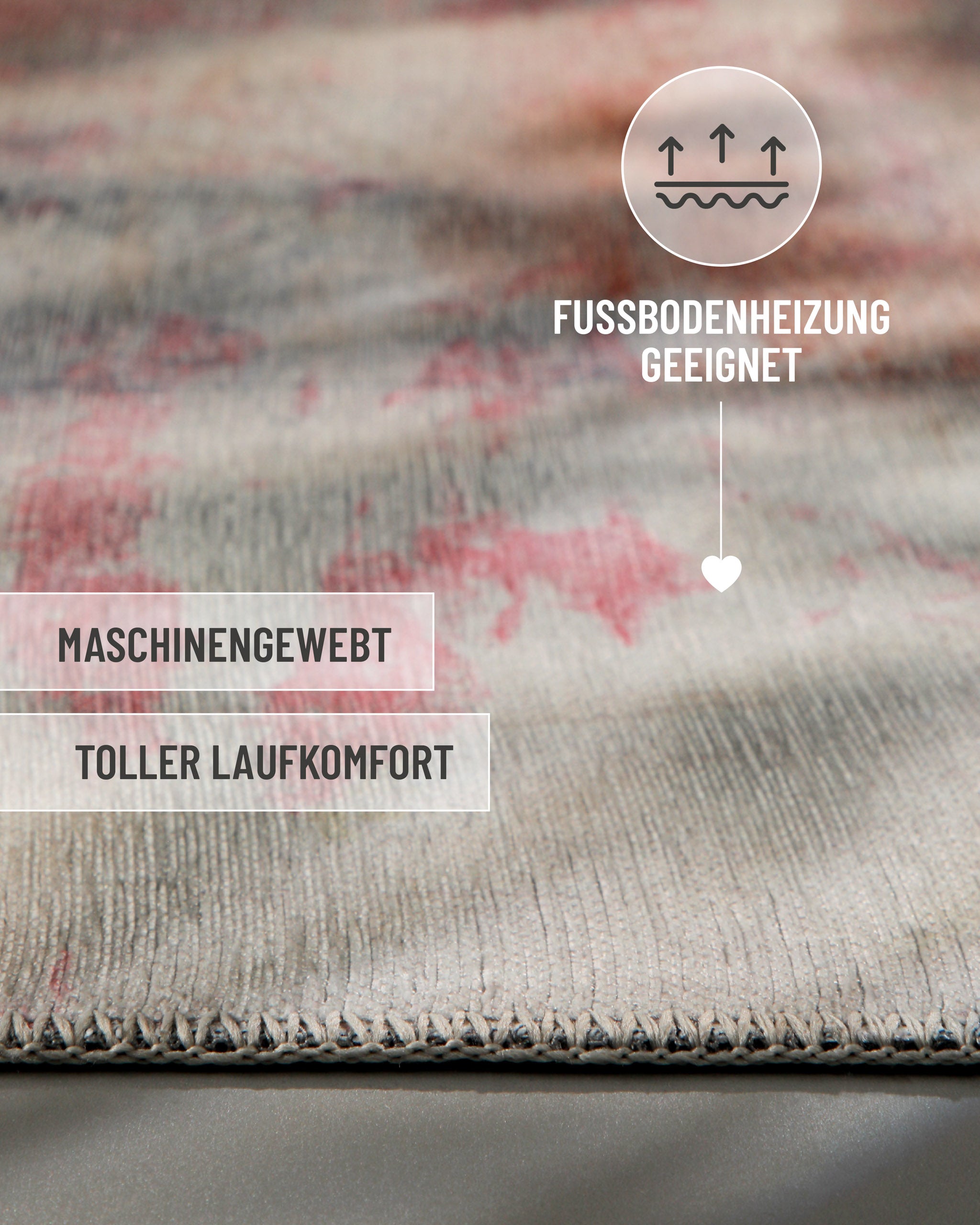 Esprit Flachwebteppich "Maui" Alt Rosa, Detailaufnahme mit Hinweis auf Fußbodenheizungseignung, maschinelle Webart und angenehmen Laufkomfort
