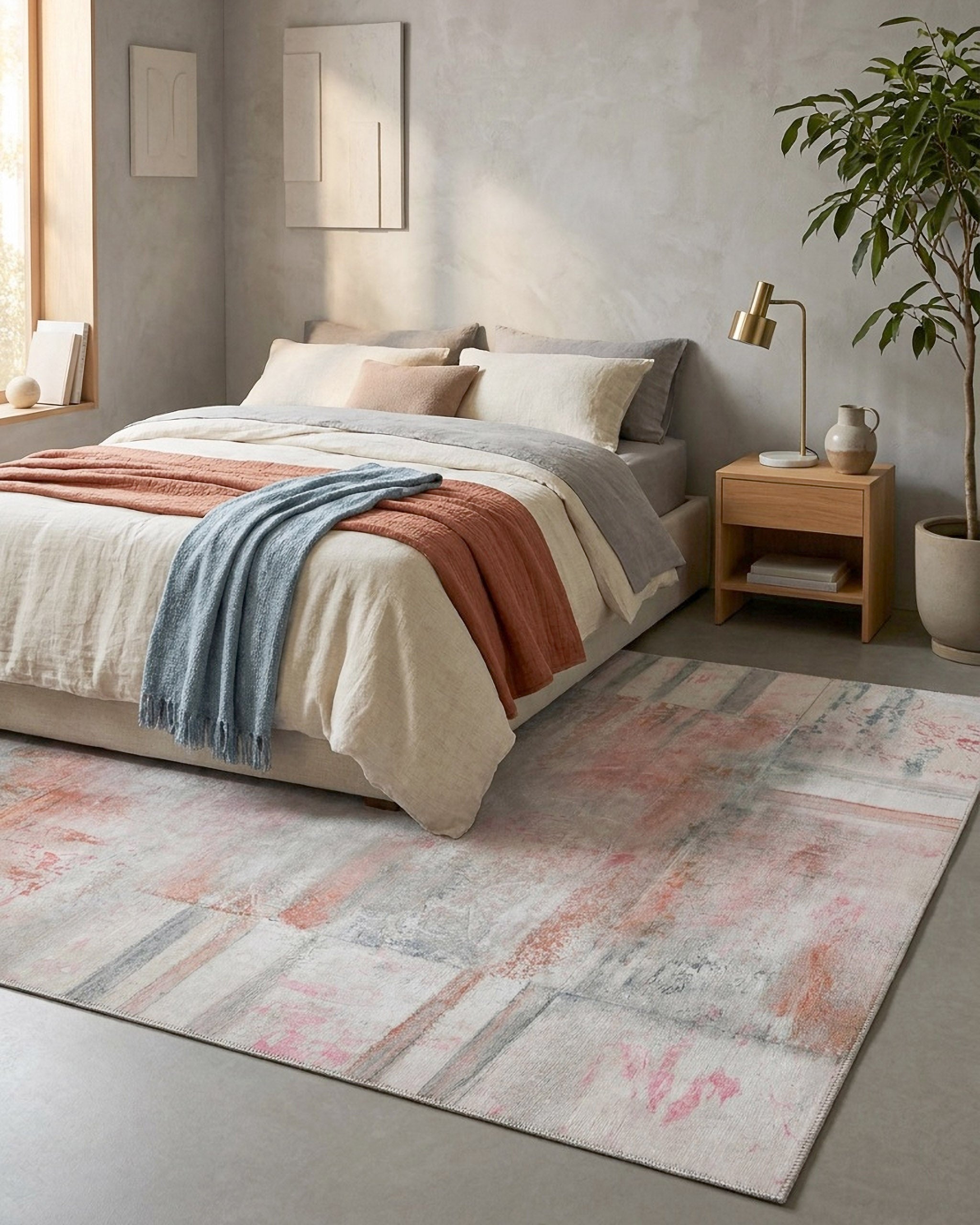 Esprit Flachwebteppich "Maui" Alt Rosa im Wohnzimmer, Raumansicht mit Sessel und rundem Beistelltisch