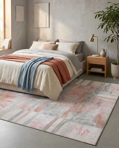 Esprit Flachwebteppich "Maui" Alt Rosa im Wohnzimmer, Raumansicht mit Sessel und rundem Beistelltisch