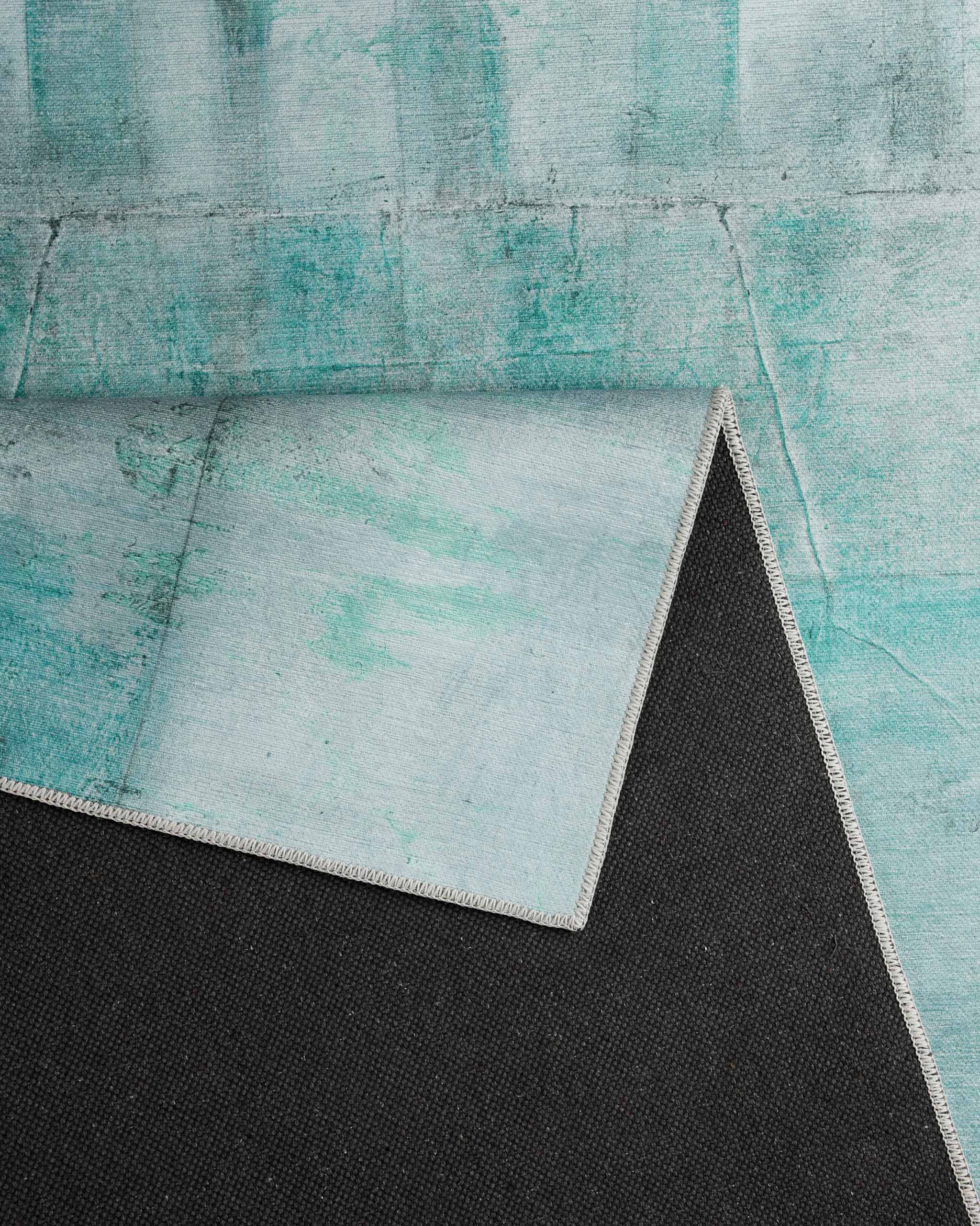 Esprit Flachwebteppich "Maui" Blau Multi, Nahaufnahme der Musterstruktur an der Teppichecke